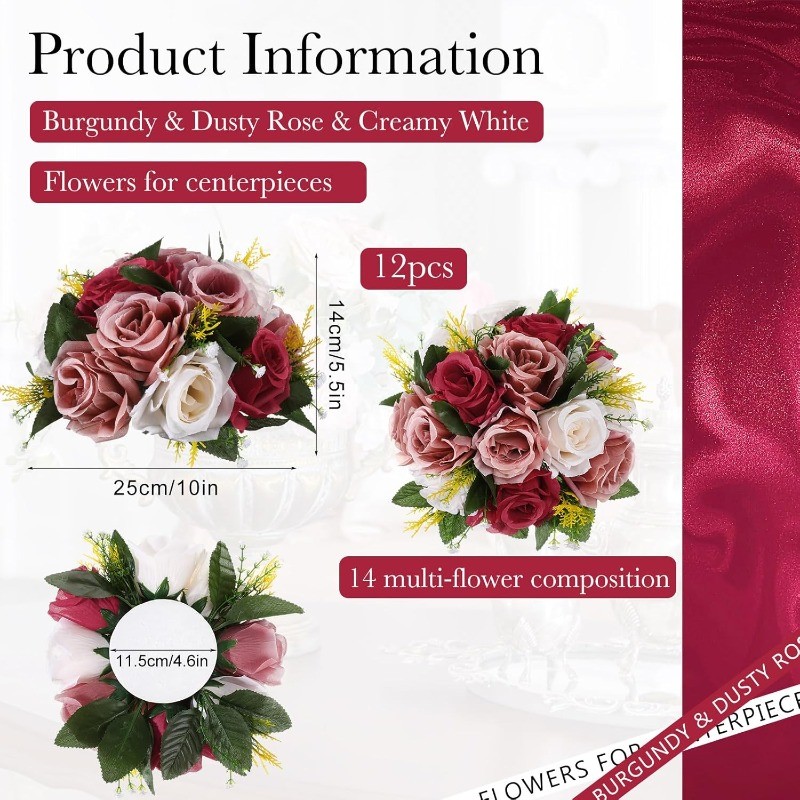 12 Pcs Artificial Rose Flower Balls for Centerpieces, Silk Roses Kissing Balls