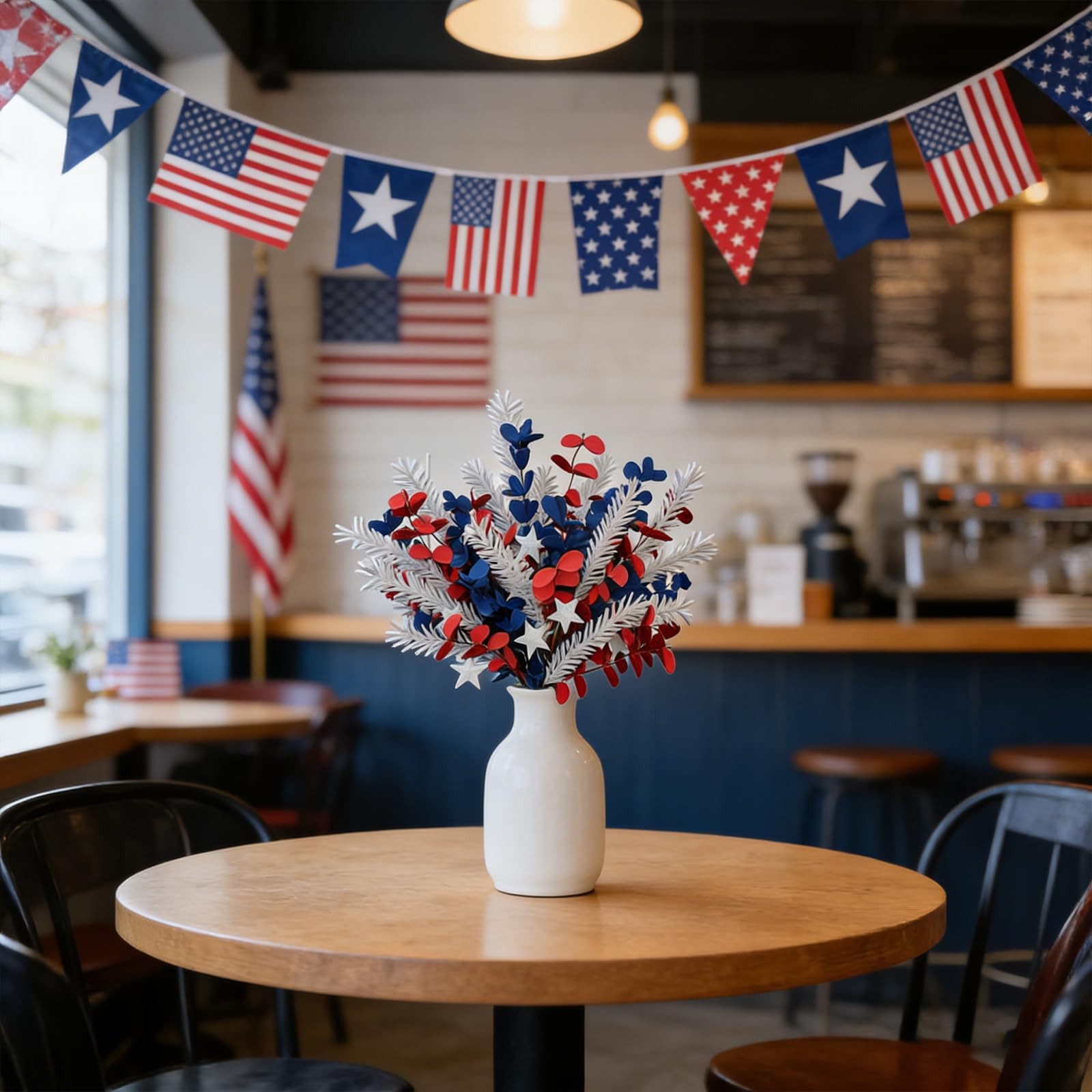 6 Pcs Patriotic Decor Stems with Red Blue PE Flowers, White PE Tassels & 2 St…