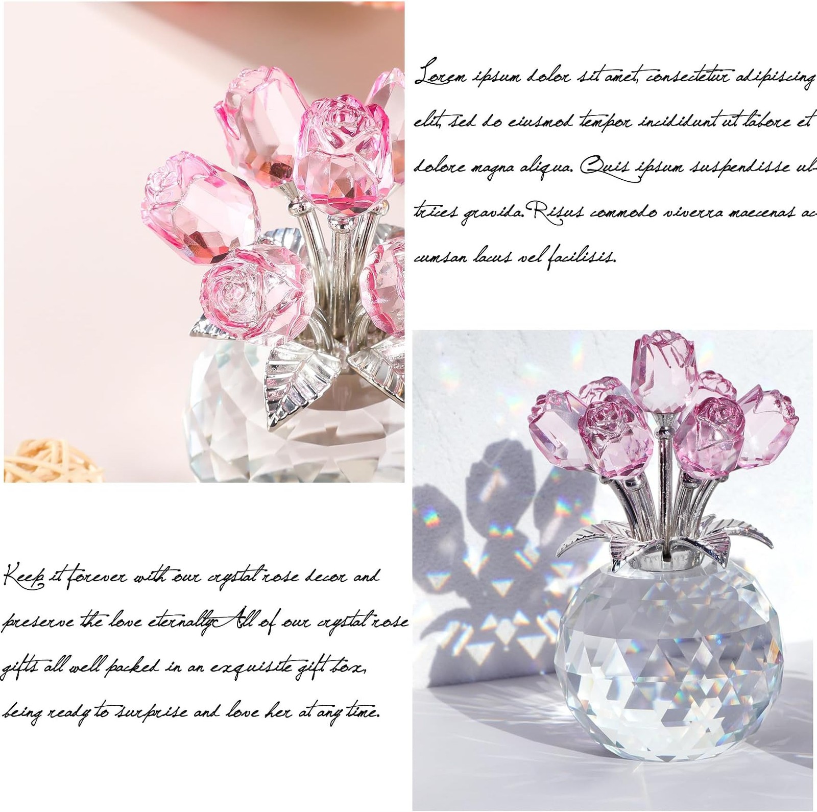 Crystal Rose Bouquet Flower Figurine – Pink Rose Gifts for Women, Collectible…