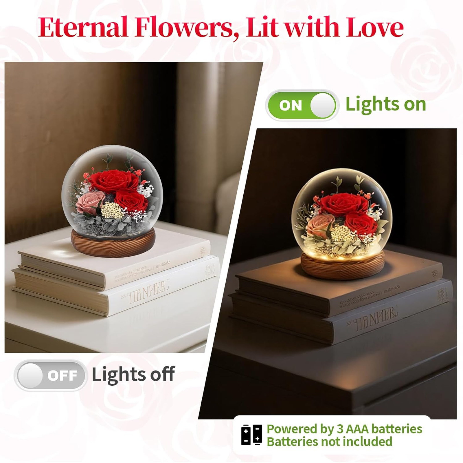 Preserved Flowers for Delivery, Eternal Rose with LED Glass Dome, Gifts for Mom