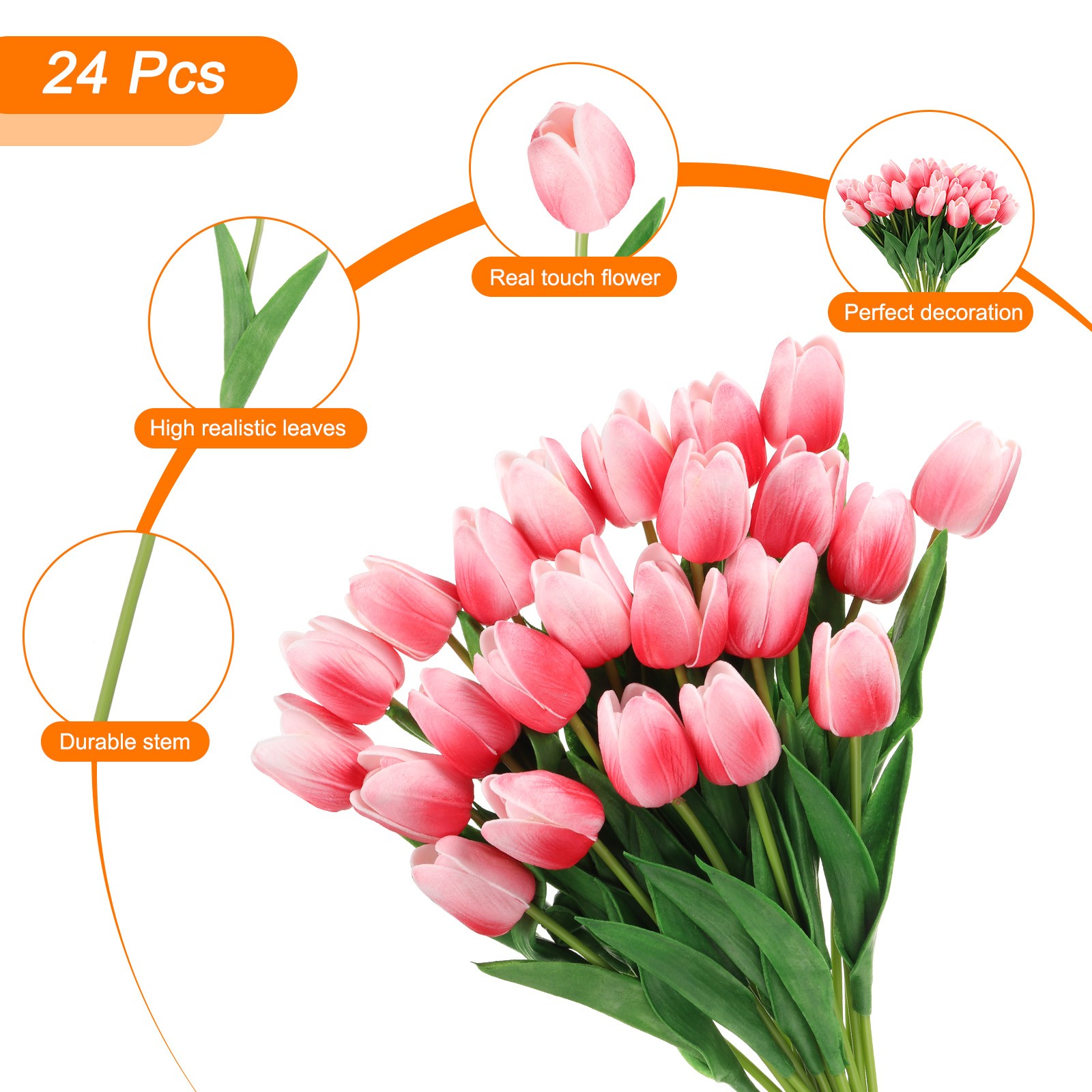 24Pcs Fake Tulips Artificial Flowers, PU Tulips with Stems, Deep pink
