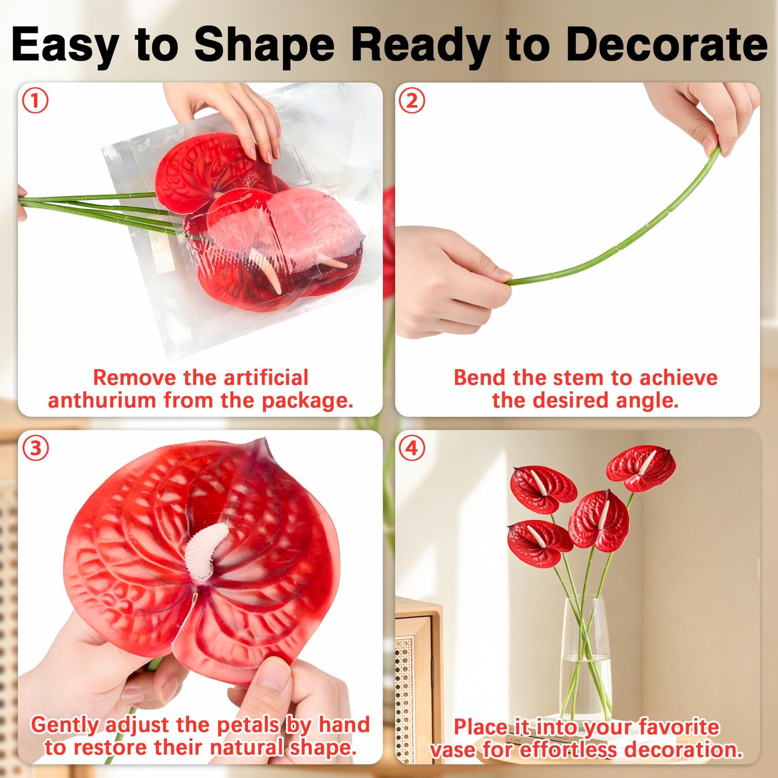 4PCS Anthurium Artificial Flowers Red Anthurium Single Stem – Tropical Flower…