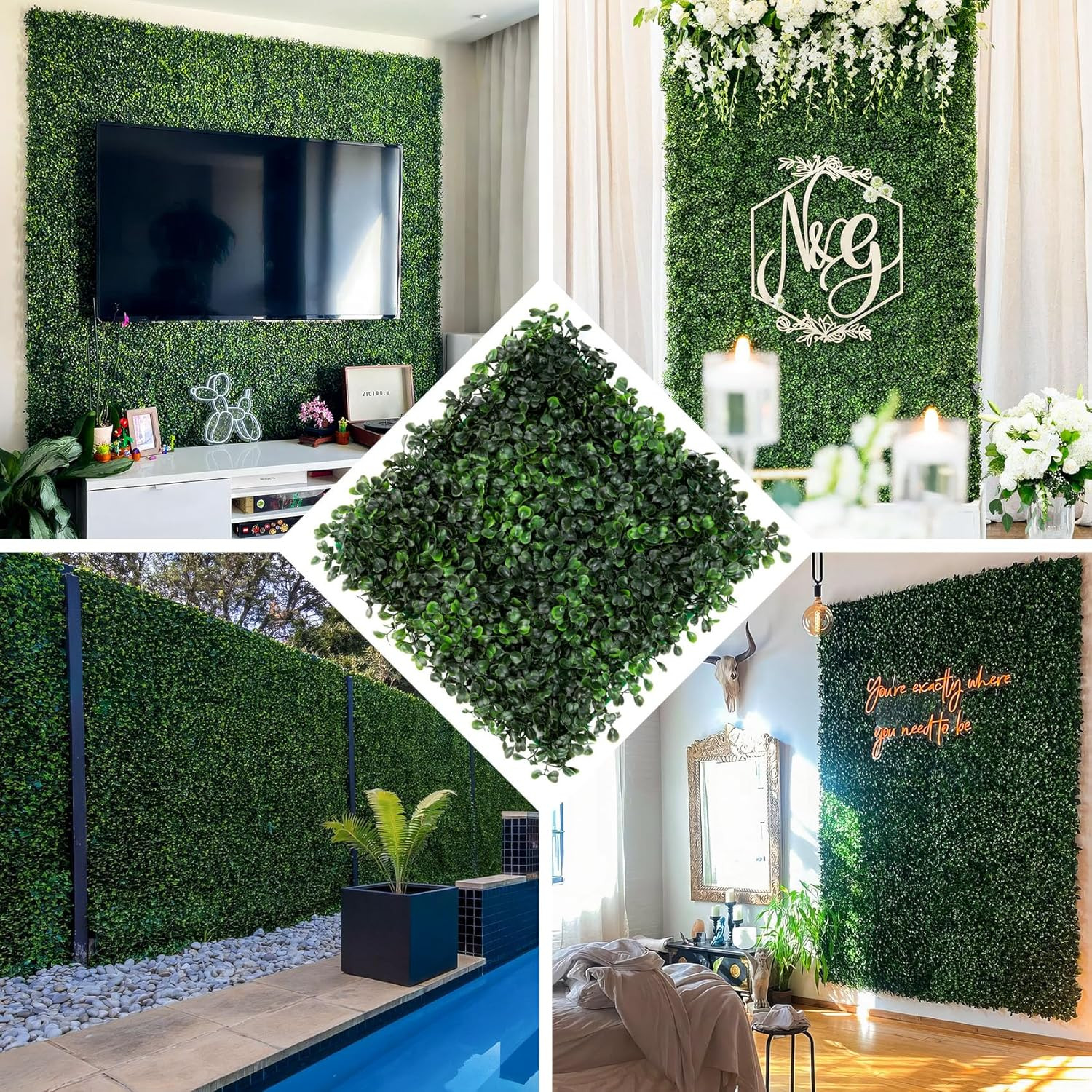 Grass Wall 12 Pack 10″X10″ Artificial Boxwood Hedge Wall Panels, Privacy Hedge