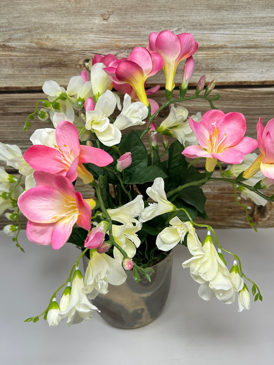 15″ Silk White & Pink FREESIA flowers in 5″ rustic Silver Metal Pot, handmade or