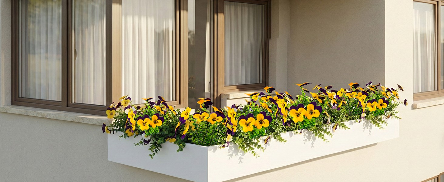 16 Pcs Artificial Pansy Flowers for Outdoors Yellow Faux Silk Spring Flowers for