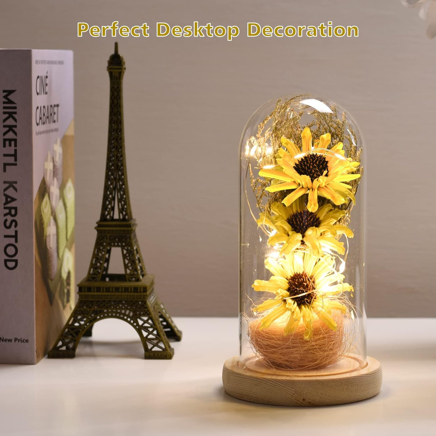 Sunflower Gifts for Women, Artificial Sunflowers in Glass Dome with LED Strip