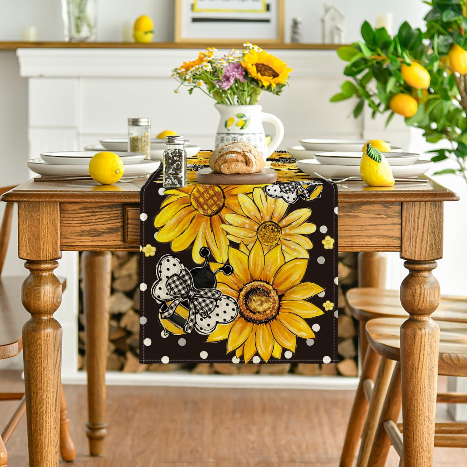 Black Sunflower Bee Flower Polka Dot Summer Table Runner, Seasonal Kitchen Dinin
