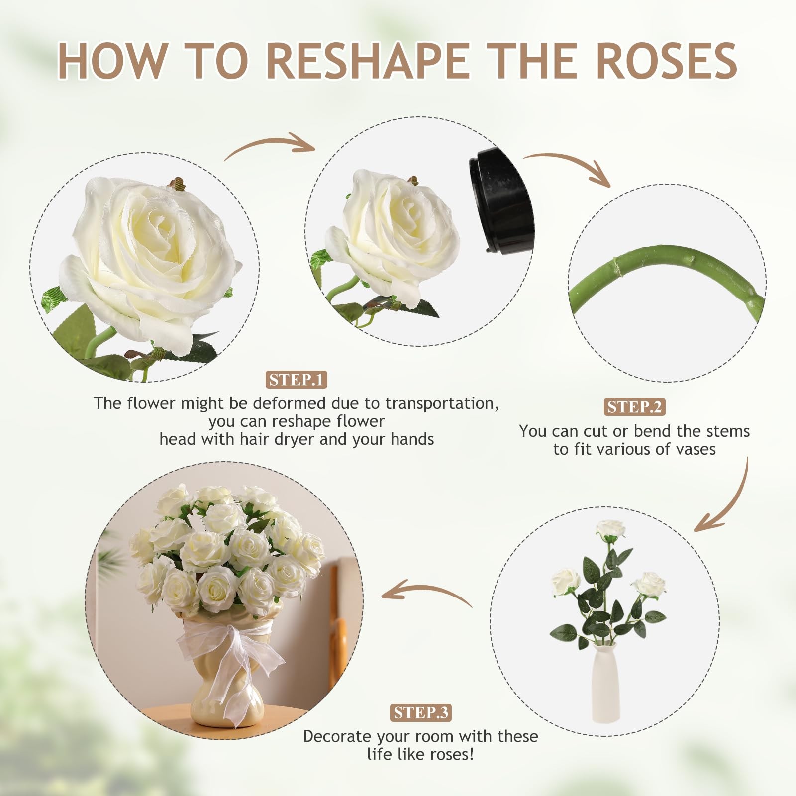 60 Pcs White Roses Artificial Flowers Bulk, Silk Roses with Stem Realistic Wh…