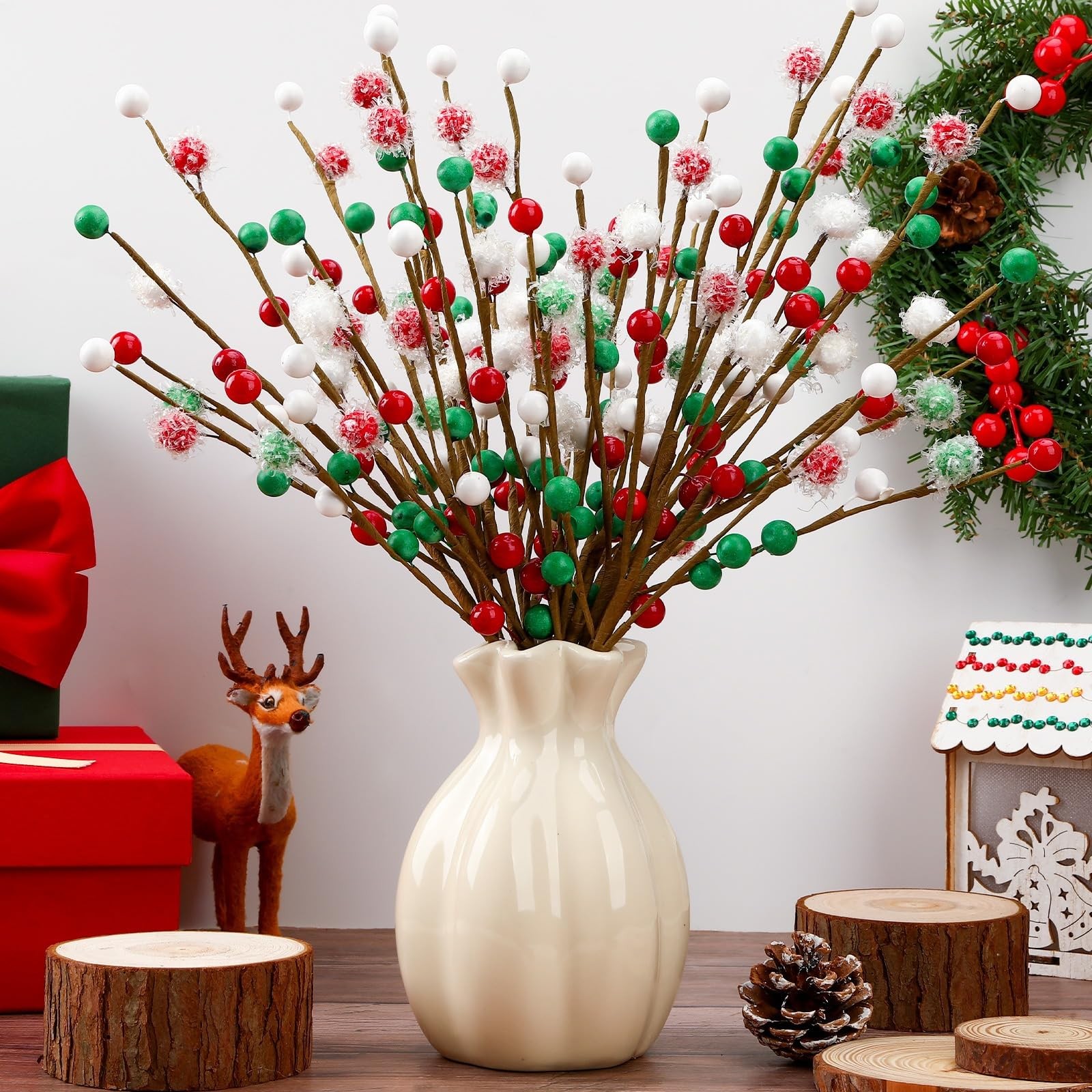 12 PCS Christmas Tree Picks Decorations,Red Green White Artificial Branches w…