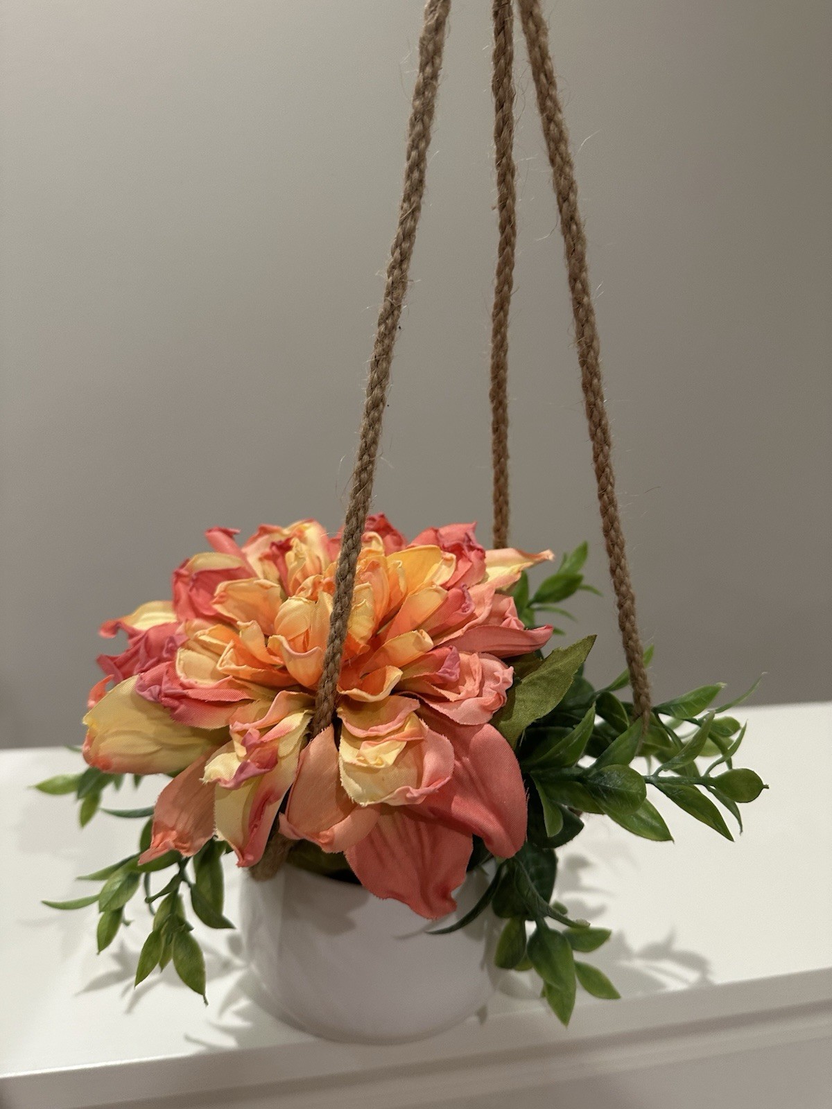 Artificial Hanging Flower Arrangement Pink Yellow Green in White Pot