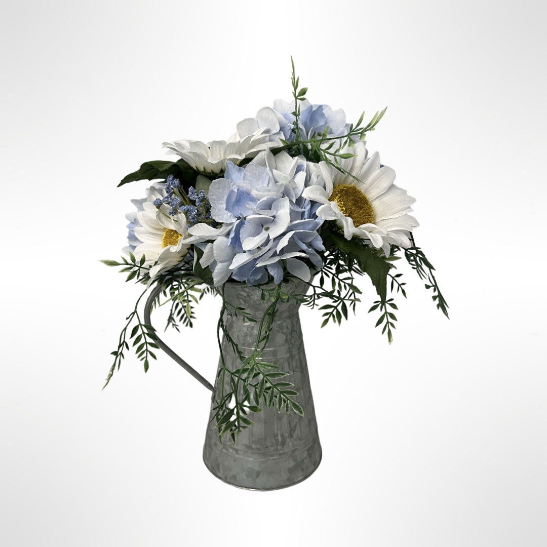 Summer / Fall Floral Arrangement In Galvanized Pitcher