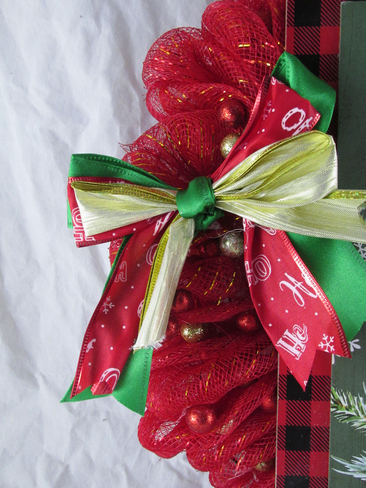 Red and Gold Poof Deco Mesh Ribbon Wreath