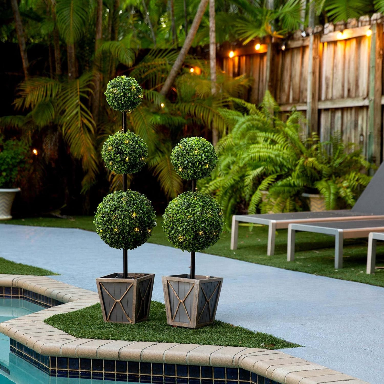 3Ft UV Resistant Double Ball Boxwood Topiary with LED Lights in Planter