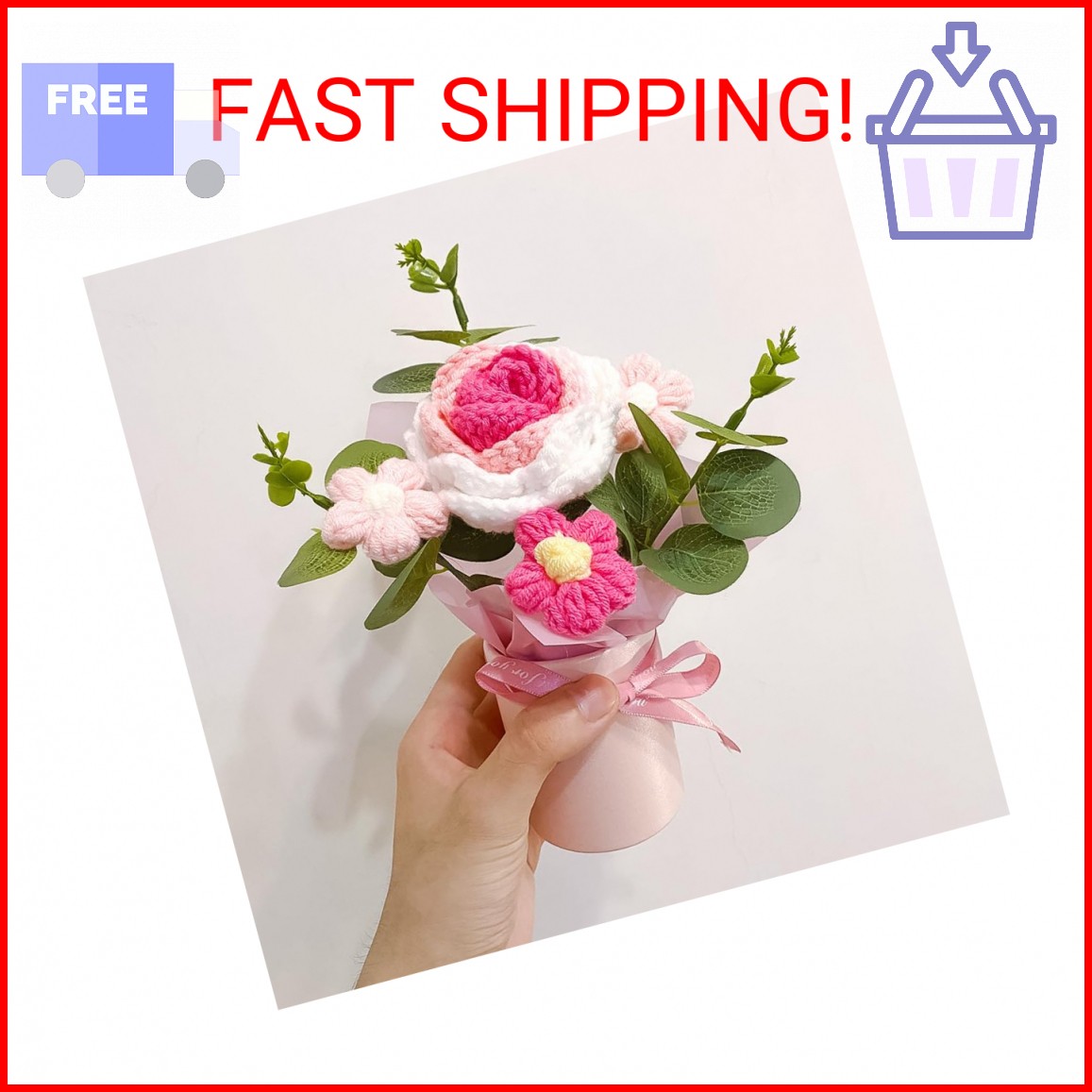 suyakota Crochet Medium Rose Flower Bouquet: Handmade Knitted Bouquet for Valent