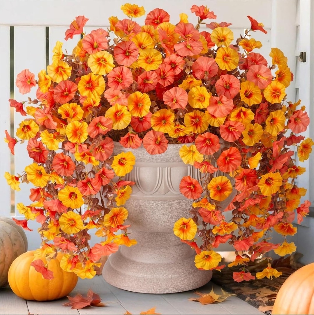 2 PCS Artificial Faux Fall Hanging Flowers Plants for Outdoor Decor,Fake Silk…