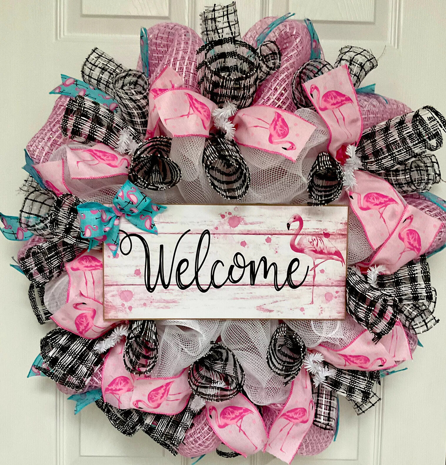 Flamingo Welcome Handmade Deco Mesh Door Wreath