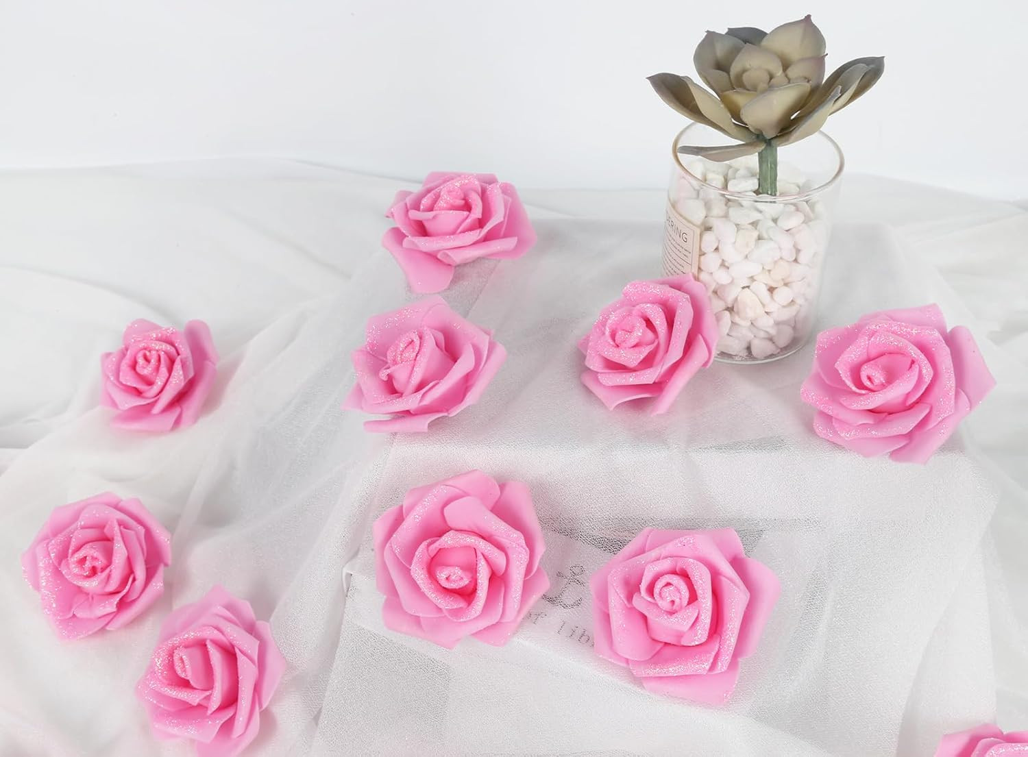 Pink Glitter Roses 100Pcs Foam Roses Stemless 2.56″ Pink Artificial Roses Glitte