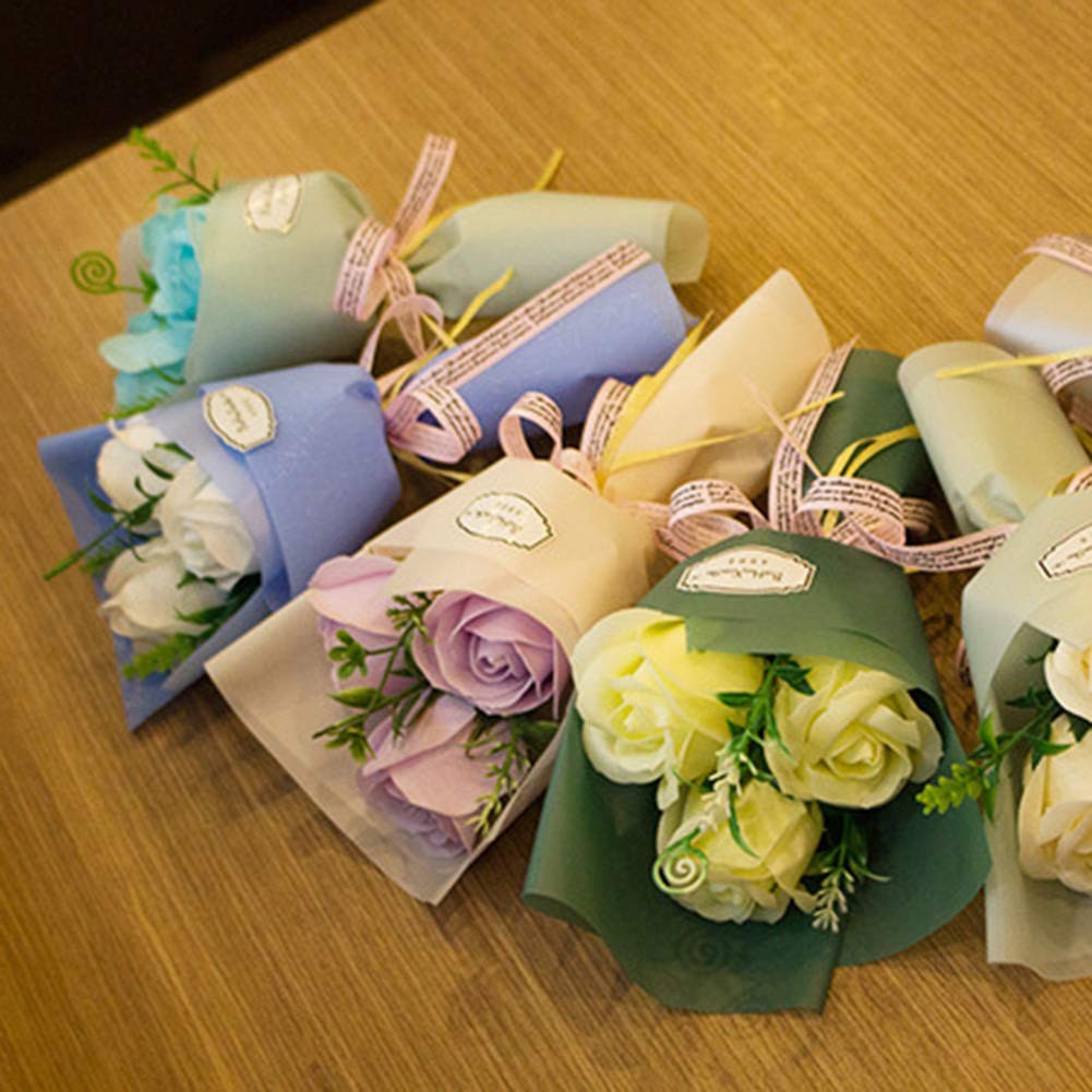 3 Heads Artificial Rose Bouquet Soap Flower Petals Valentine Day Gifts for Wo…