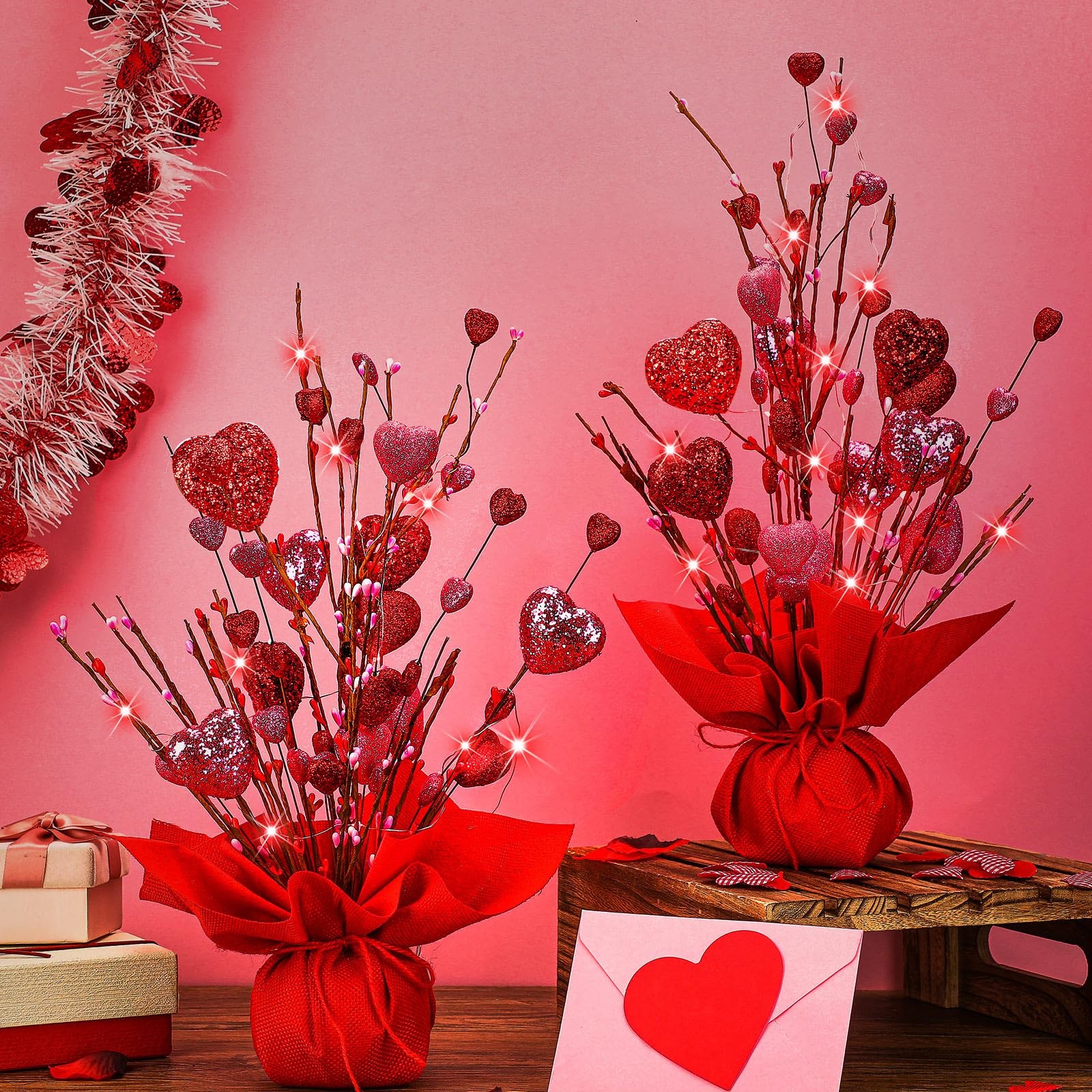 2 Pack Valentines Heart Table Tree Decorations 18 Inch LED Light up Artificia…