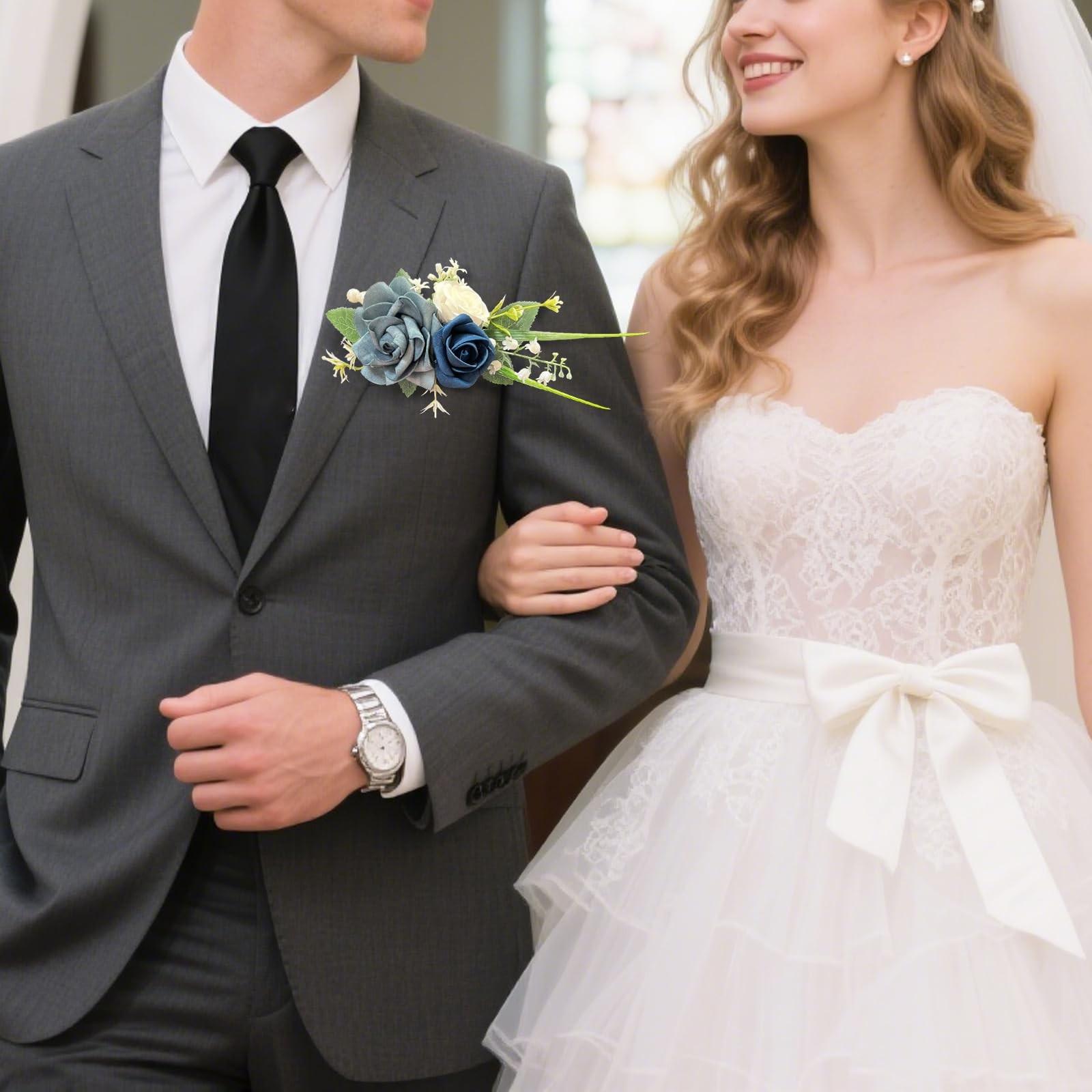 Pocket Boutonniere Men Dusty Blue Rose Flowers Groom Wedding Prom Party