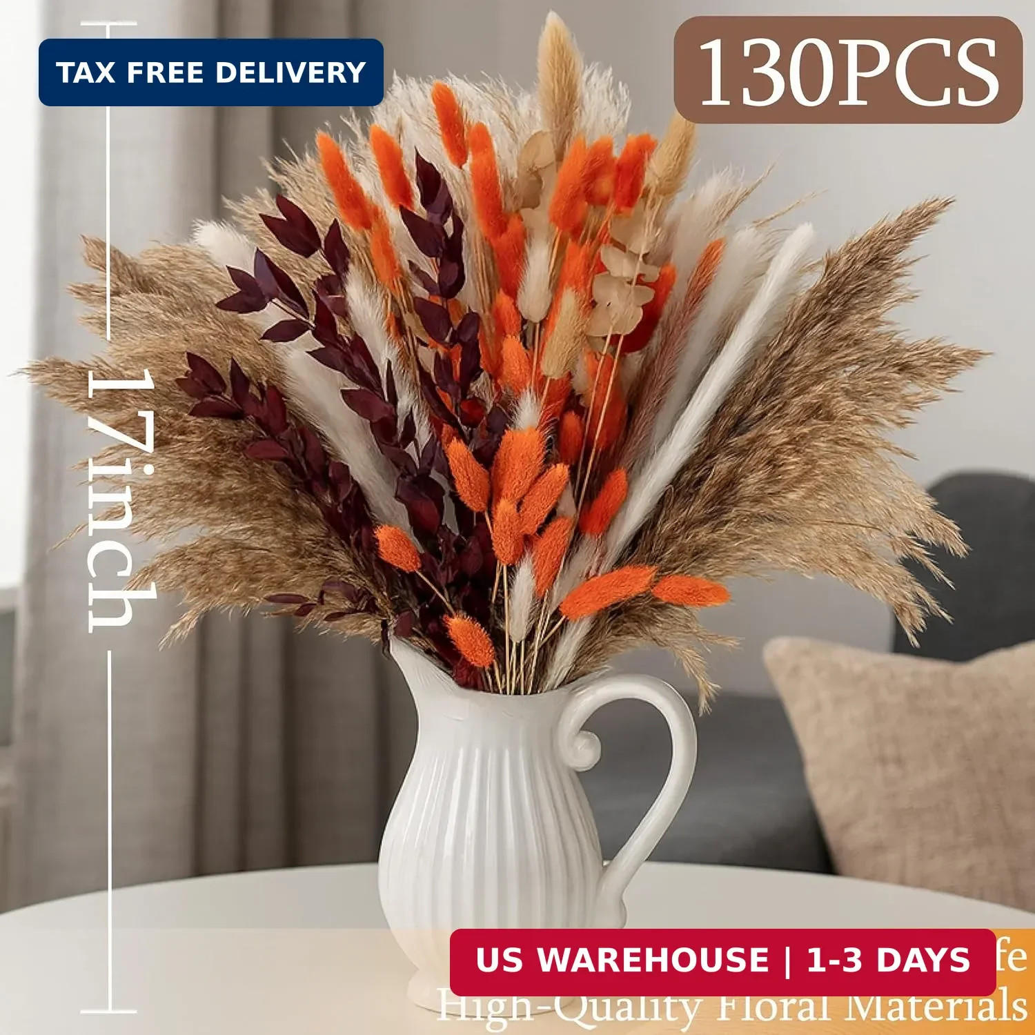 130Pcs Real Orange Pampas Grass, 17″ Natural Dried Flowers Boho Winter Decor, Mi