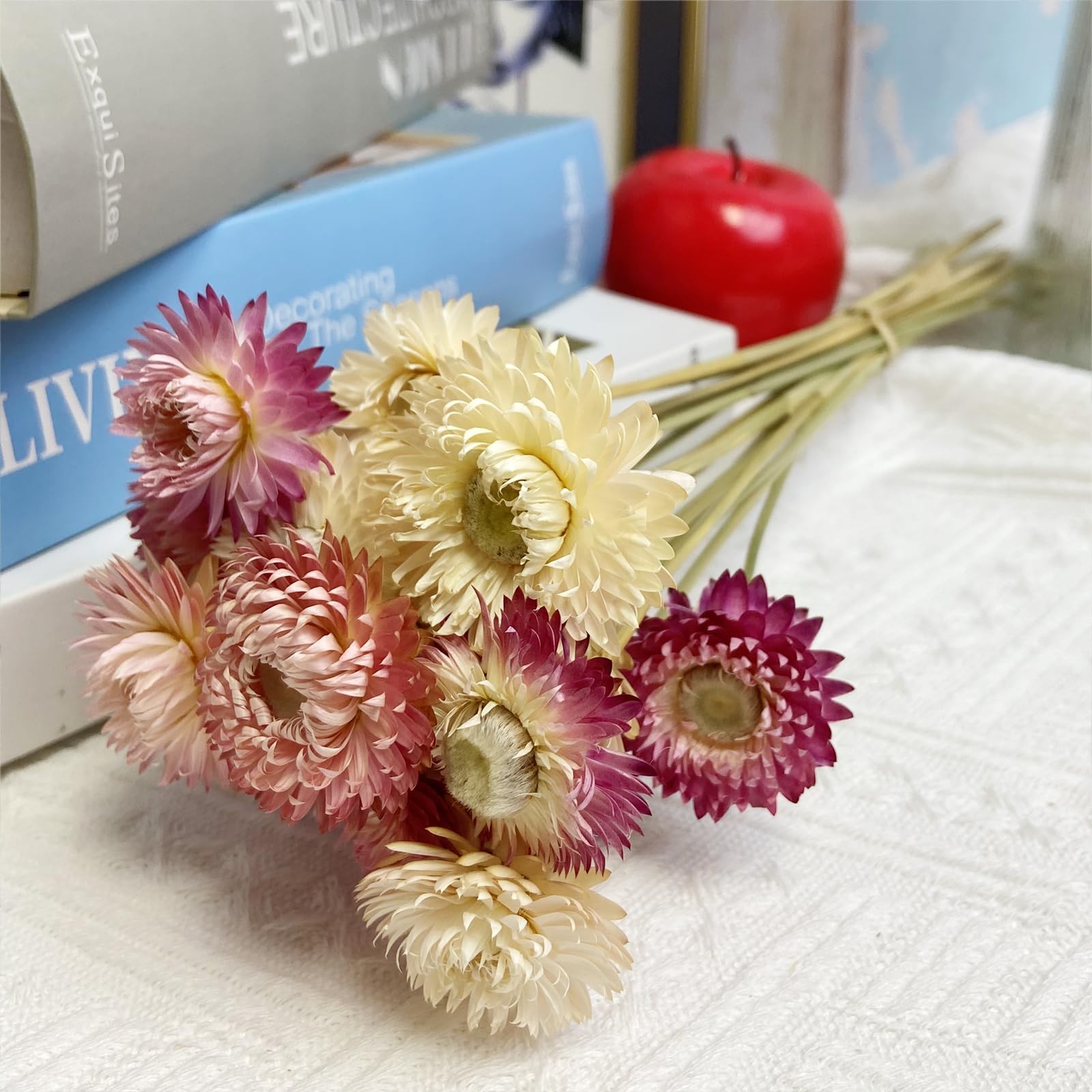 16 PCS Pink White Natural Daisy Strawflower Dried Flower Bouquets Party Decor