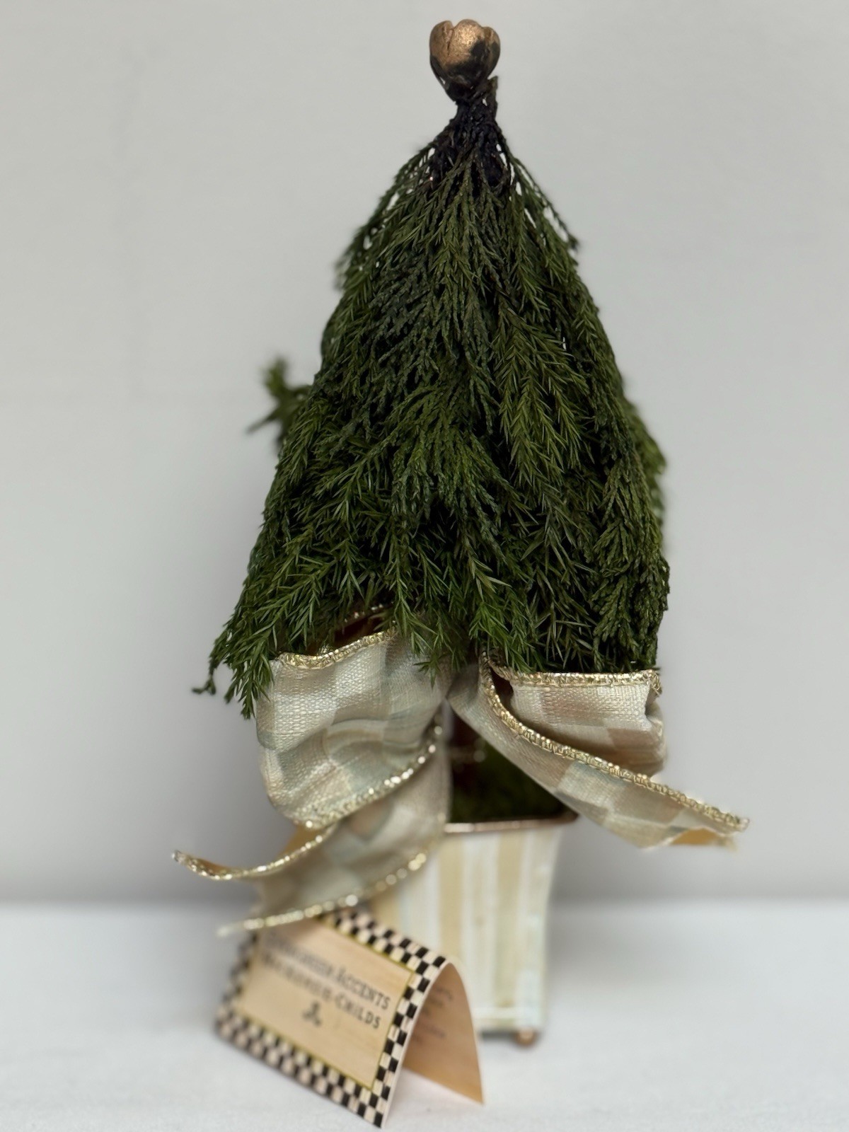 NEW Mackenzie Childs Evergreen Accents Topiary Mocha Check/Stripe 9” Tall