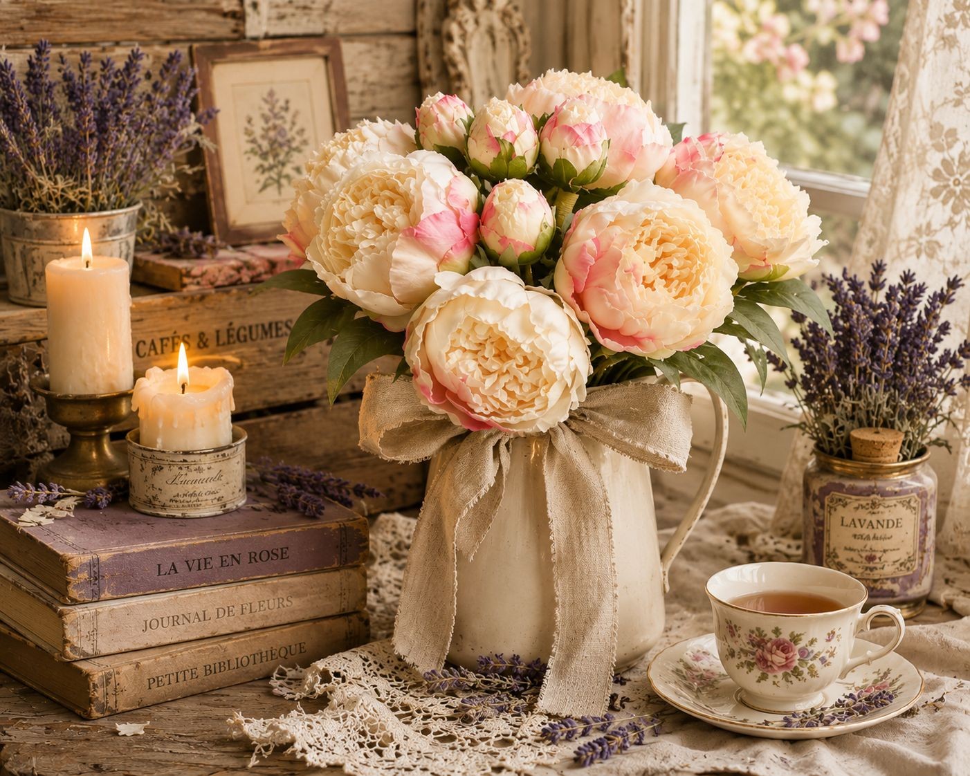Faux Peony Bouquet Cream Pink Artificial Flowers Cottagecore Decor French Cottag