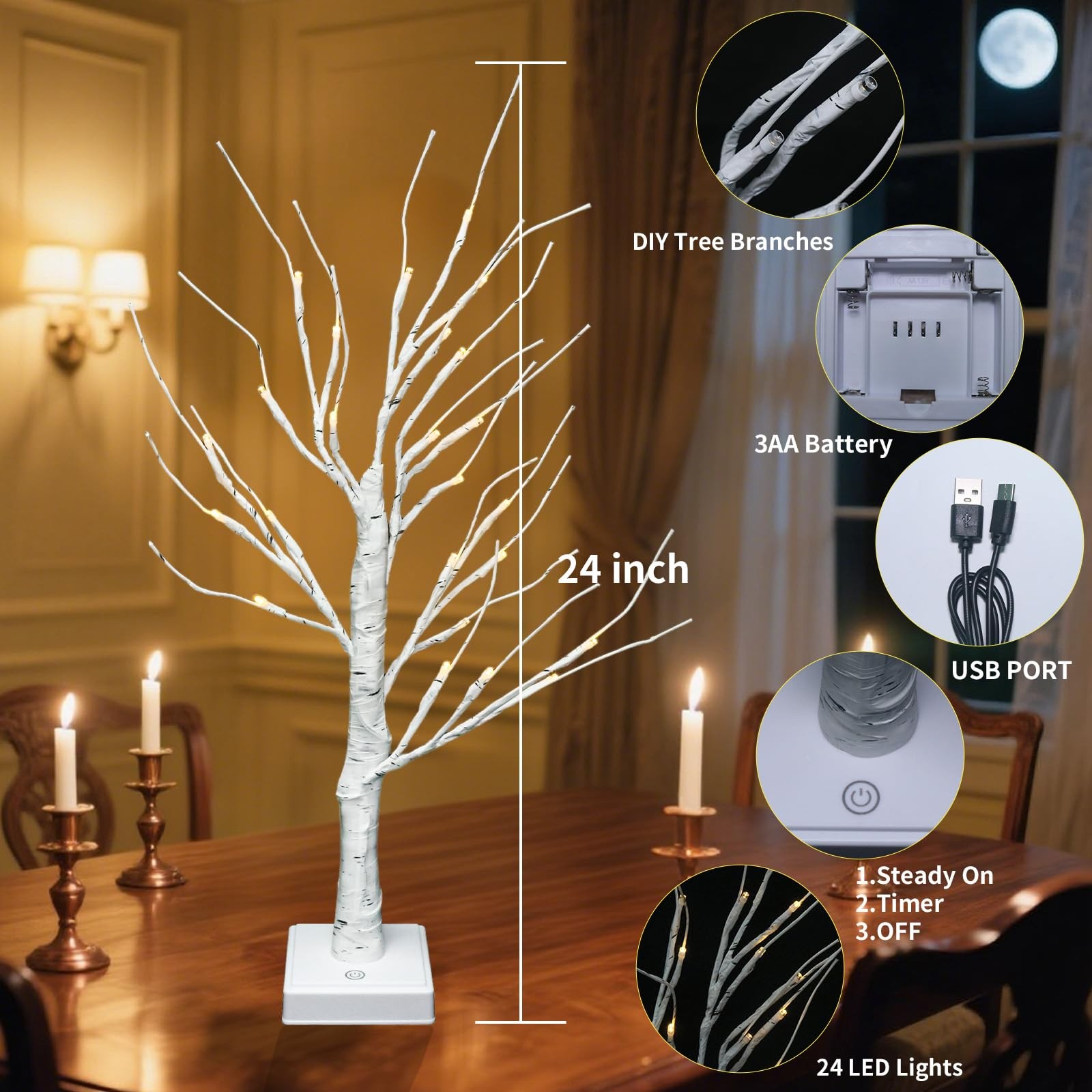 Artificial Tree for Christmas Decorations, 2FT 24LED Warm White Light Up Birc…