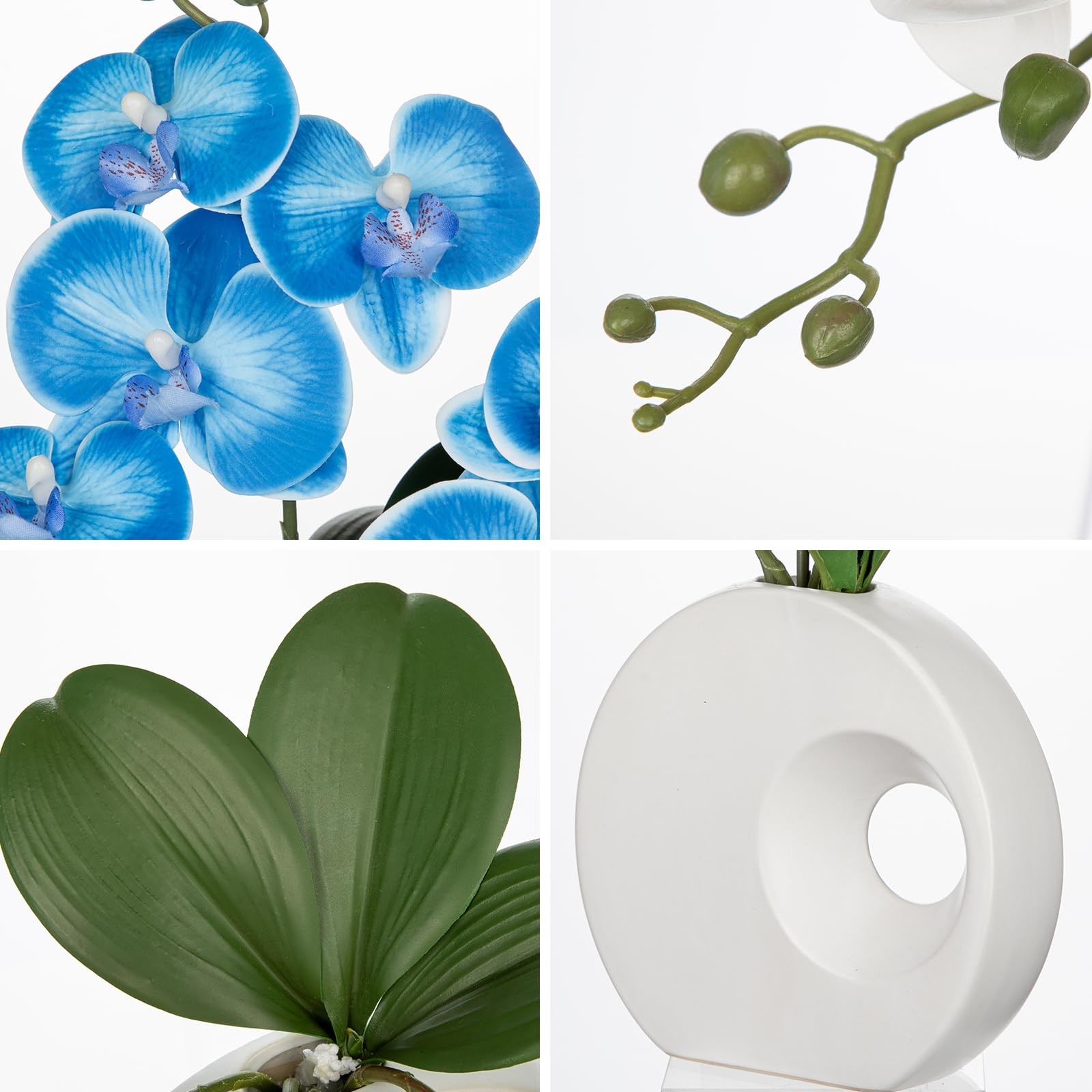 15.7-inch Tall Blue Artificial Orchid, Ceramic Vase, Silk Flower, Centerpiece