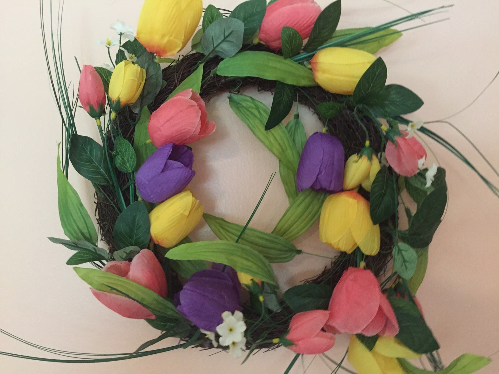Beautiful Bright Floral Pink Purple Yellow Tulip Spring Door Wreath Door Decor