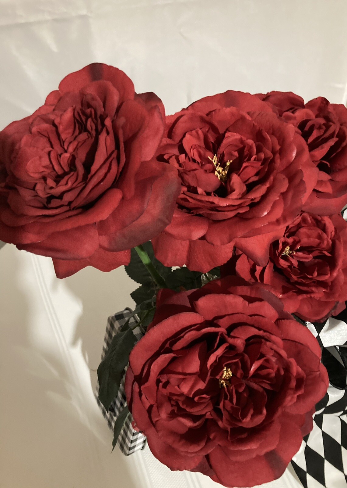 Valentine Red Roses With Black & White Checked Container