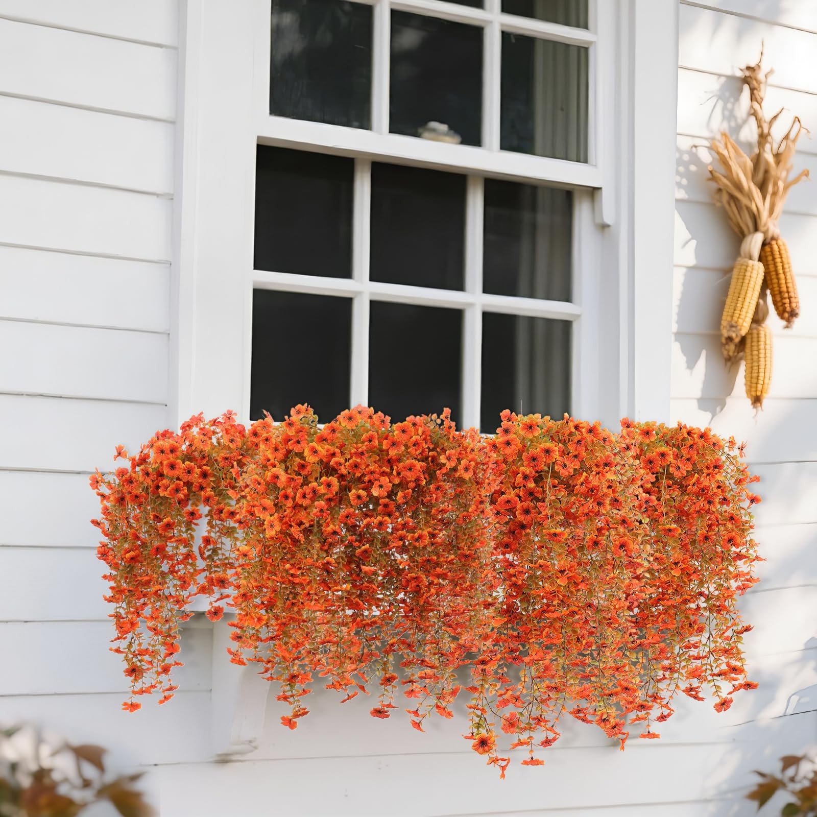 12 Pcs Artificial Hanging Mums Flowers Outdoor, Orange UV Resistant Fake Hang…