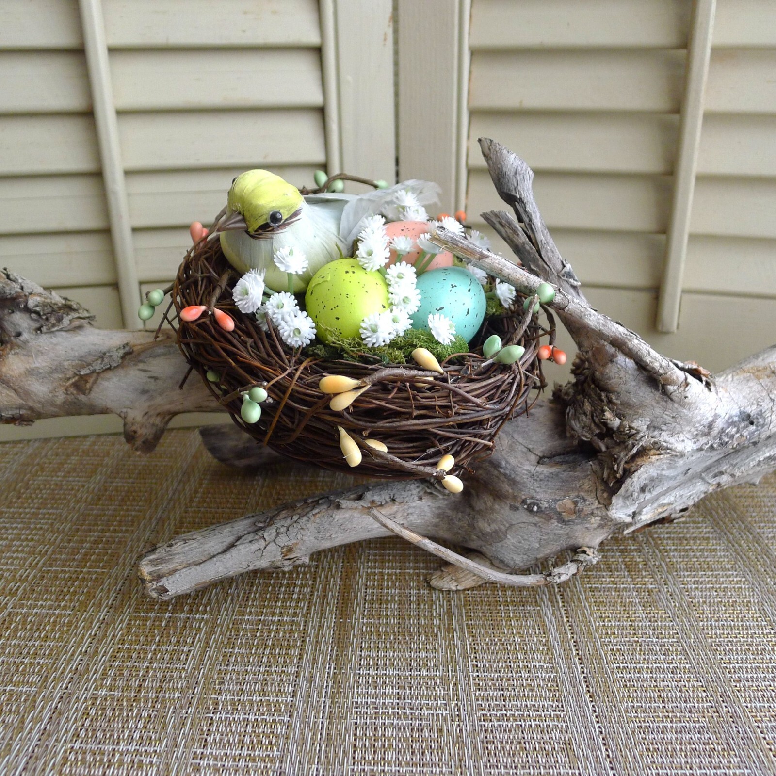 Bird’s Nest Spring Decor with Eggs, Berries, Baby’s Breath Handmade for Tabletop