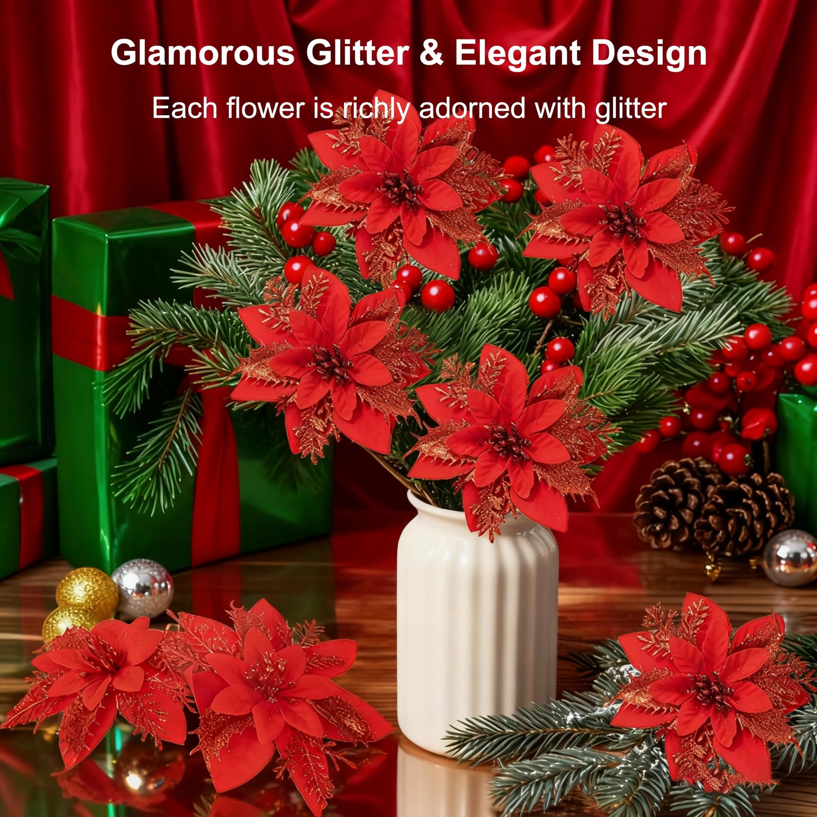 24 PCS Christmas Artificial Poinsettia Flowers 5.9 Inch Glitter Clips Red