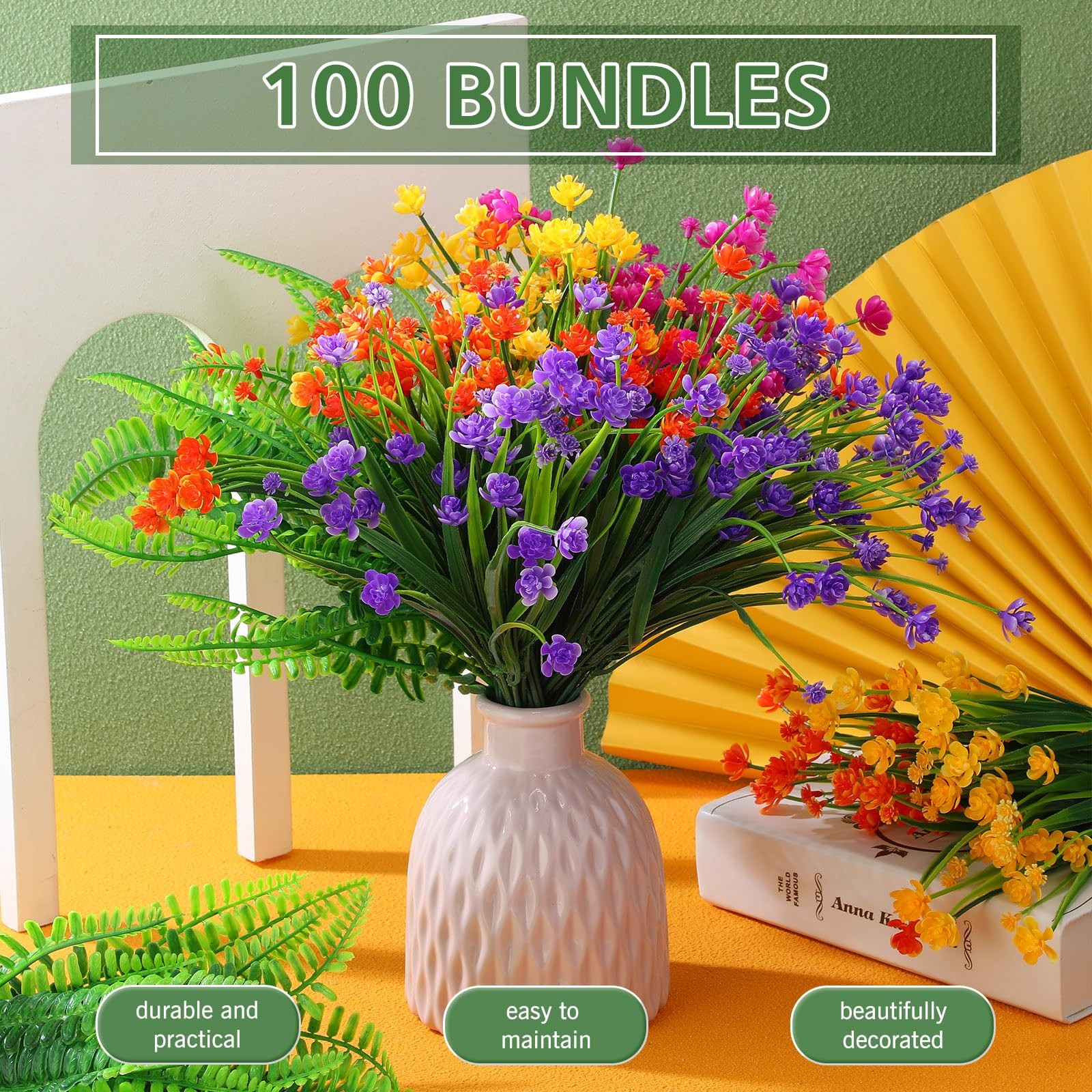 100 Bundles Artificial Flowers Outdoor Spring Fake Plants Bulk UV Resistant F…