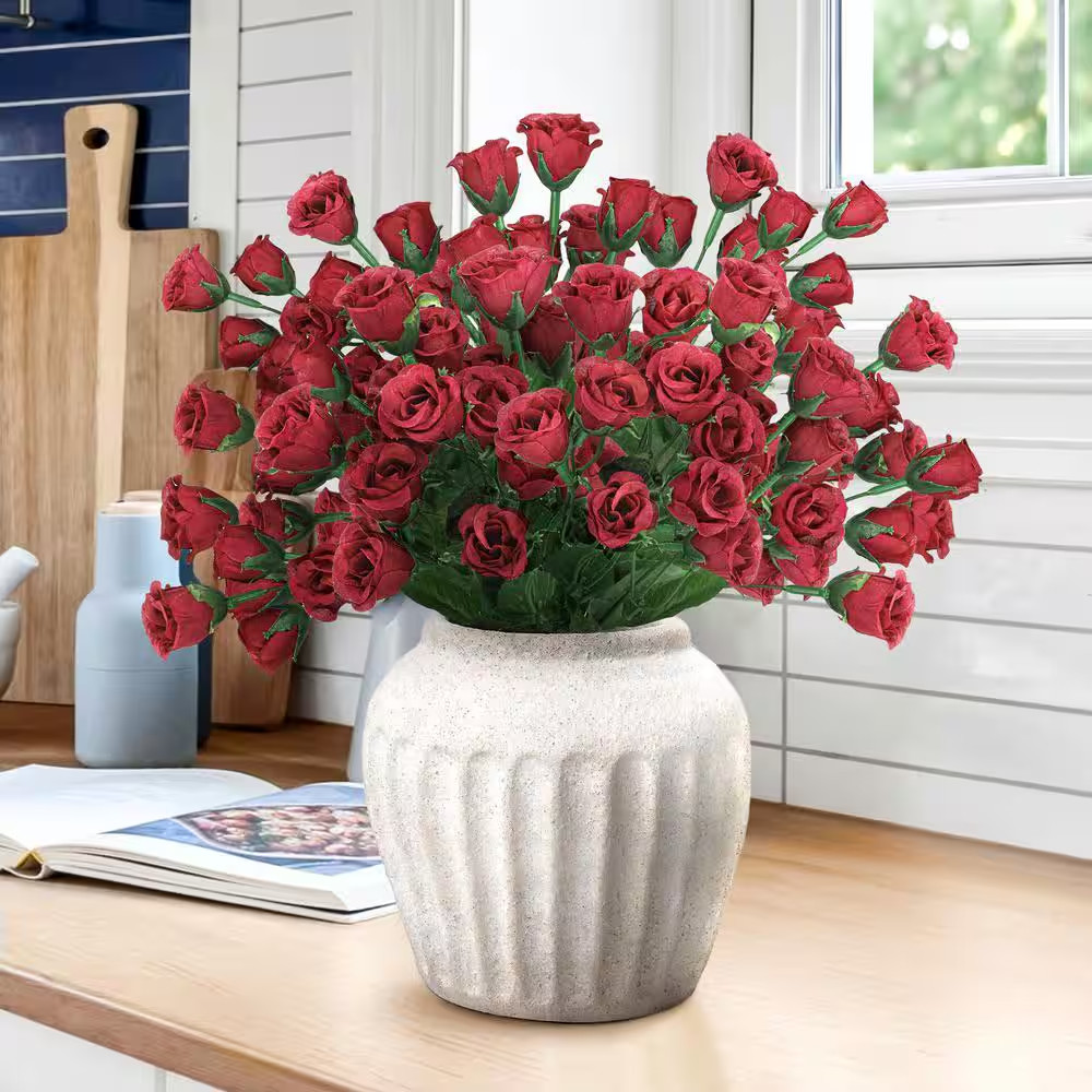 14 In. Burgundy Red Artificial Mini Rose Bud Flower Stem Bush Bouquet (Set of 12