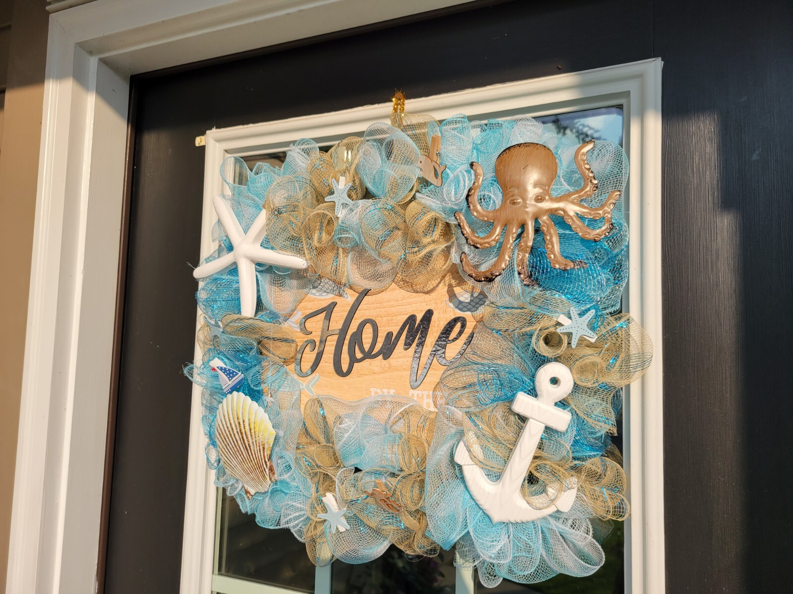 HOME by The Sea Coastal Spring Summer Mesh Front Door Wreath Wall Decor Beach