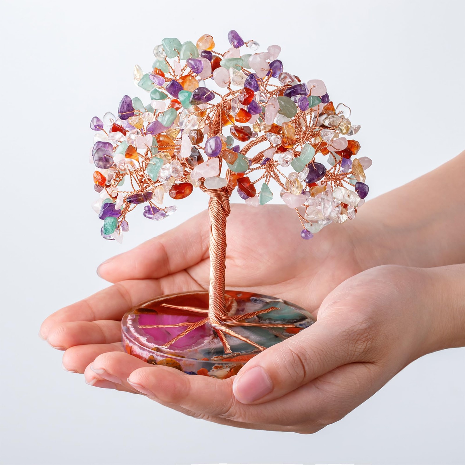7 Chakra Healing Crystals Stones Tree with Agate Slice Base Feng Shui Decor