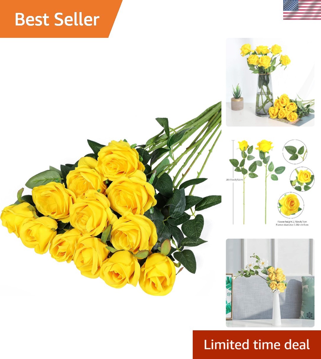 Realistic Silk Rose Bouquet – 12PCS Long Stem Yellow Flowers for Home & Weddings