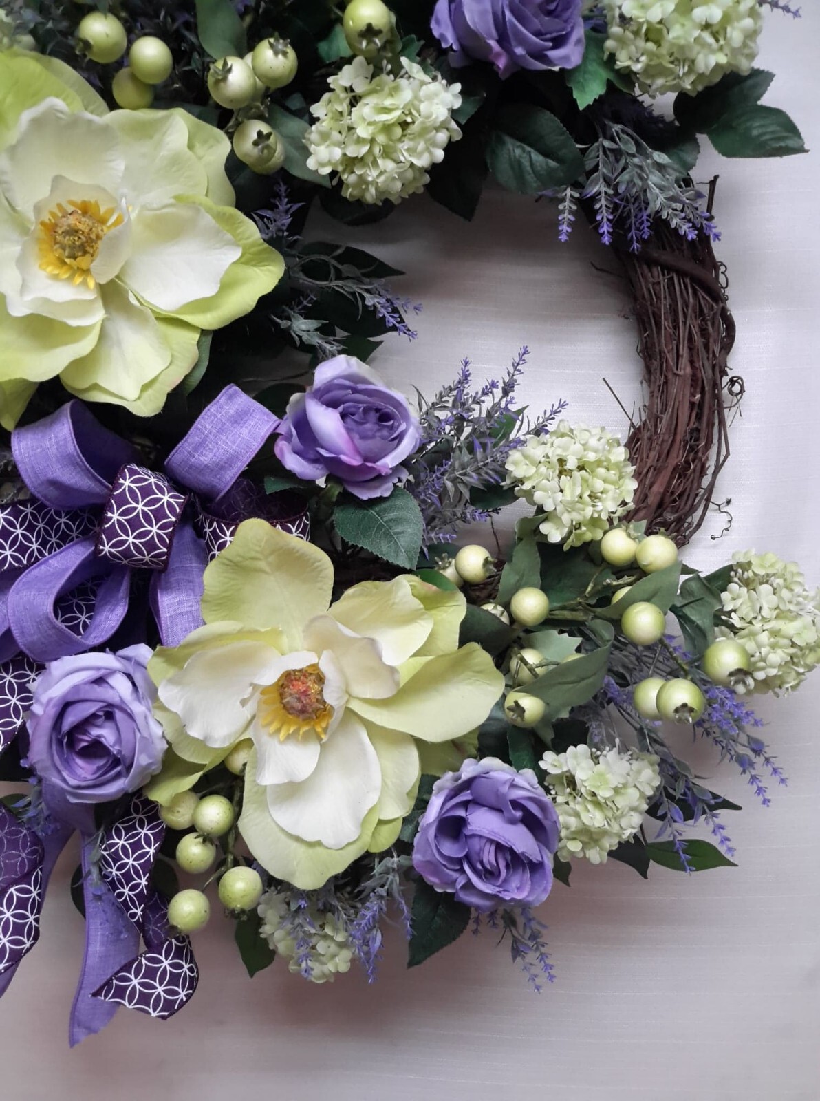 Summer Flower Door Wreath Magnolia Traditional Southern Style Decor Purple Rose