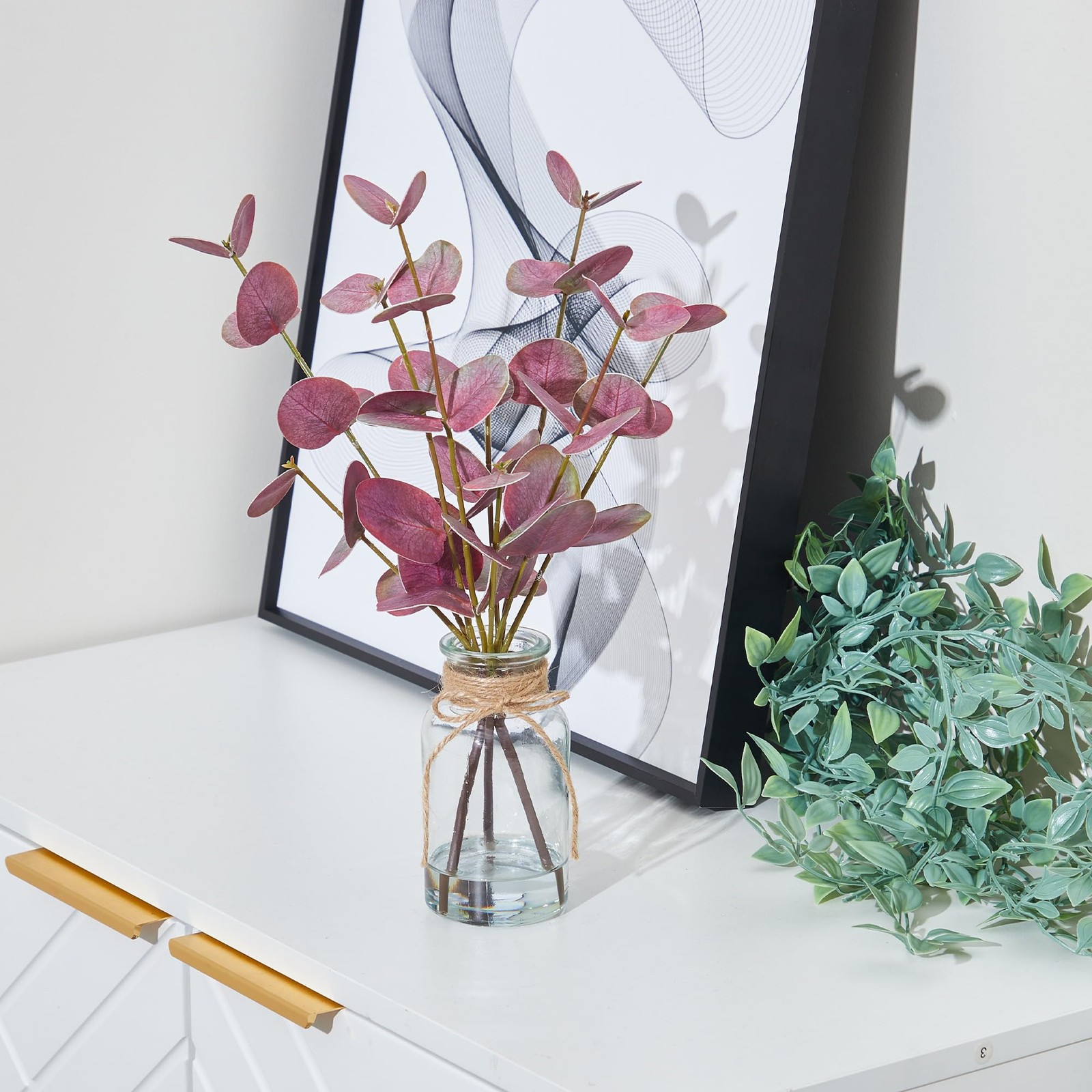 2Pcs Artificial Eucalyptus Stems in Vase with Faux Water, 13” Faux Eucalyptu…