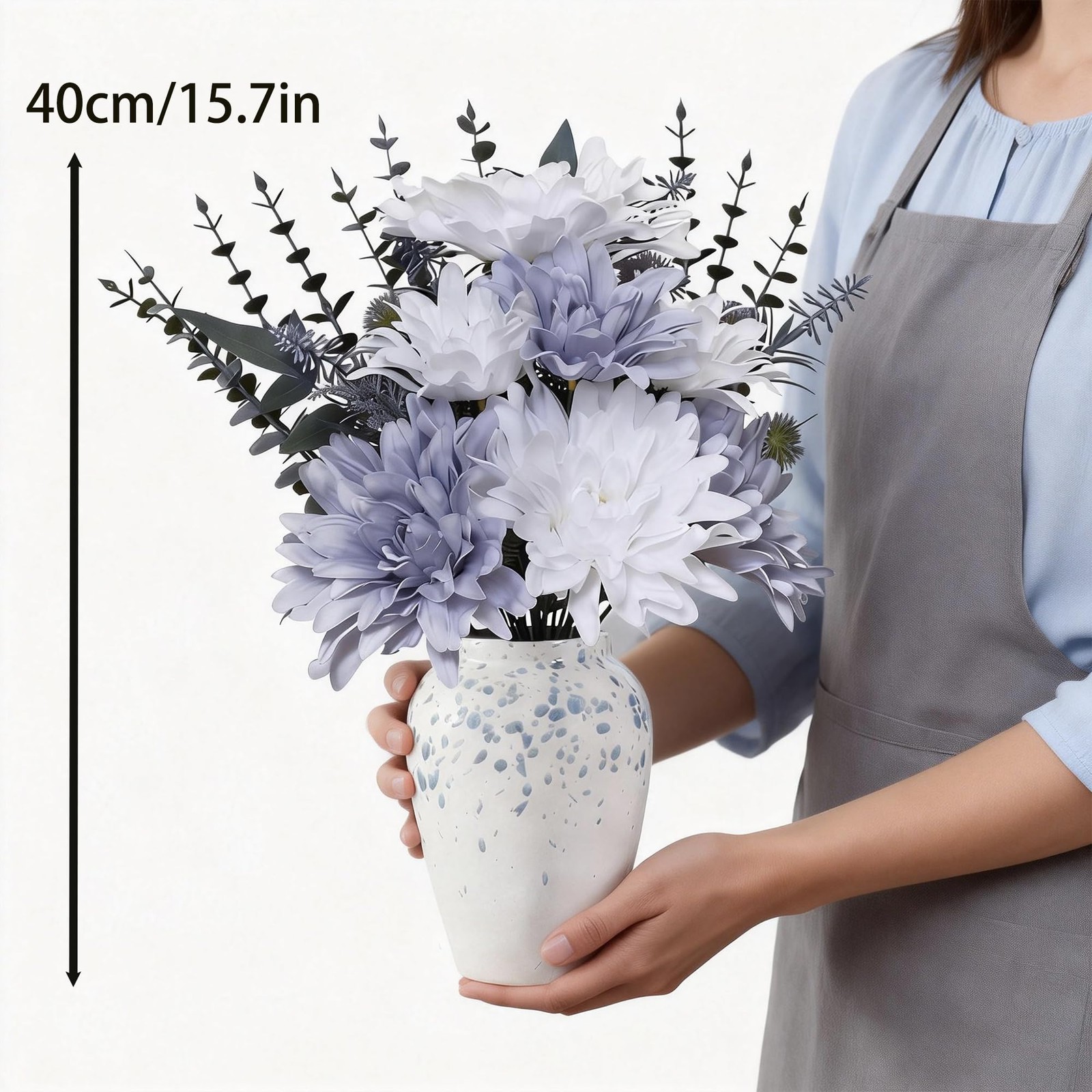 Artificial Dahlia Flower Arrangement with Gray Ceramic Vase, 15” Faux Floral …
