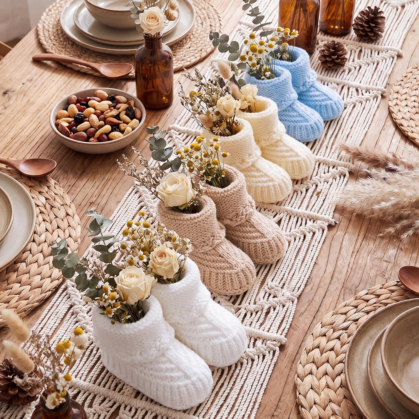 Knitted Baby Shower Booties Centerpiece for Floral Decor