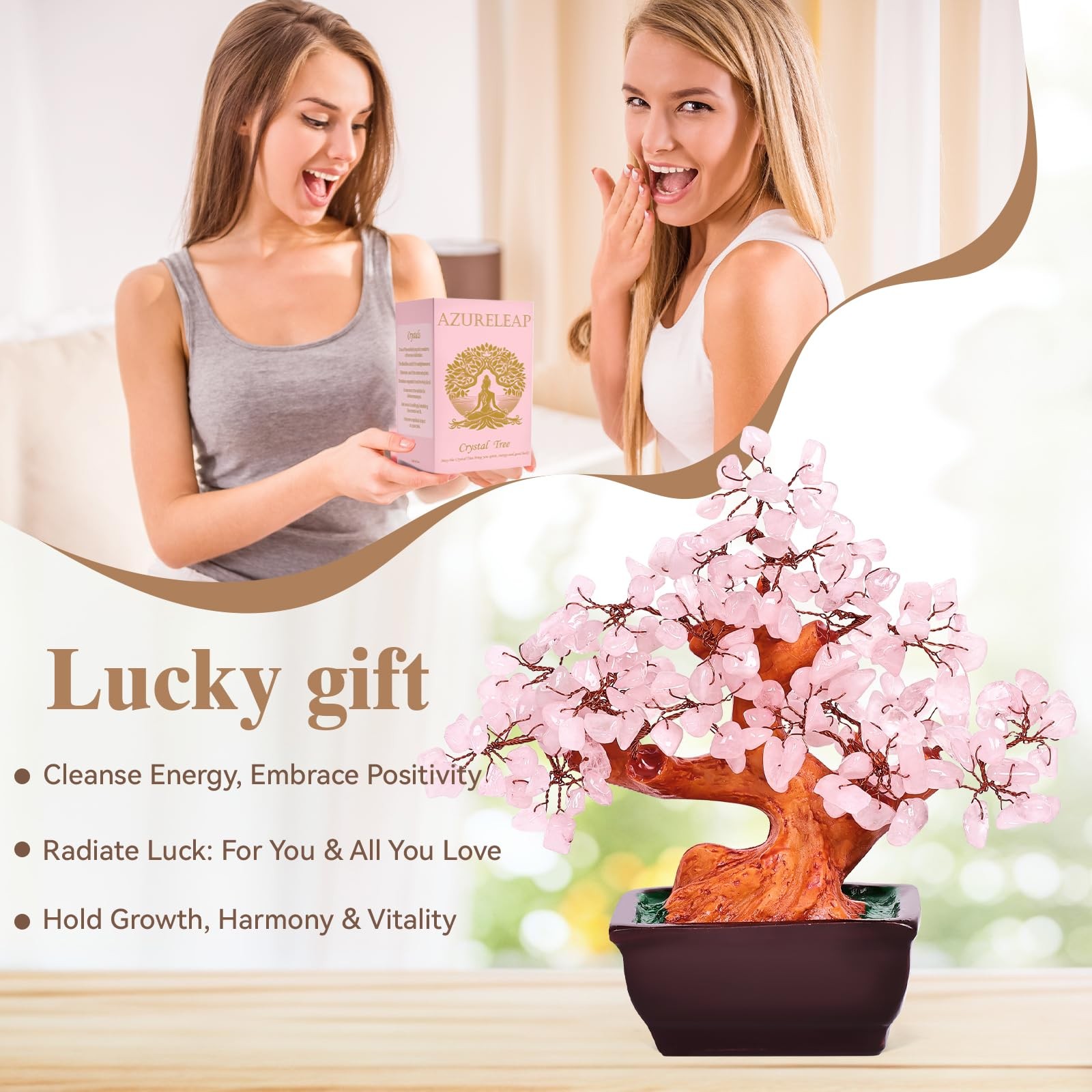 Árbol del dinero cristal cuarzo rosa natural Feng Shui, bonsái cristal curativo