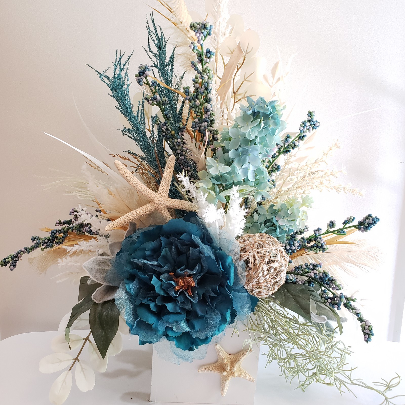 Coastal Blue Floral Arrangement, Beach House Decor with Starfish