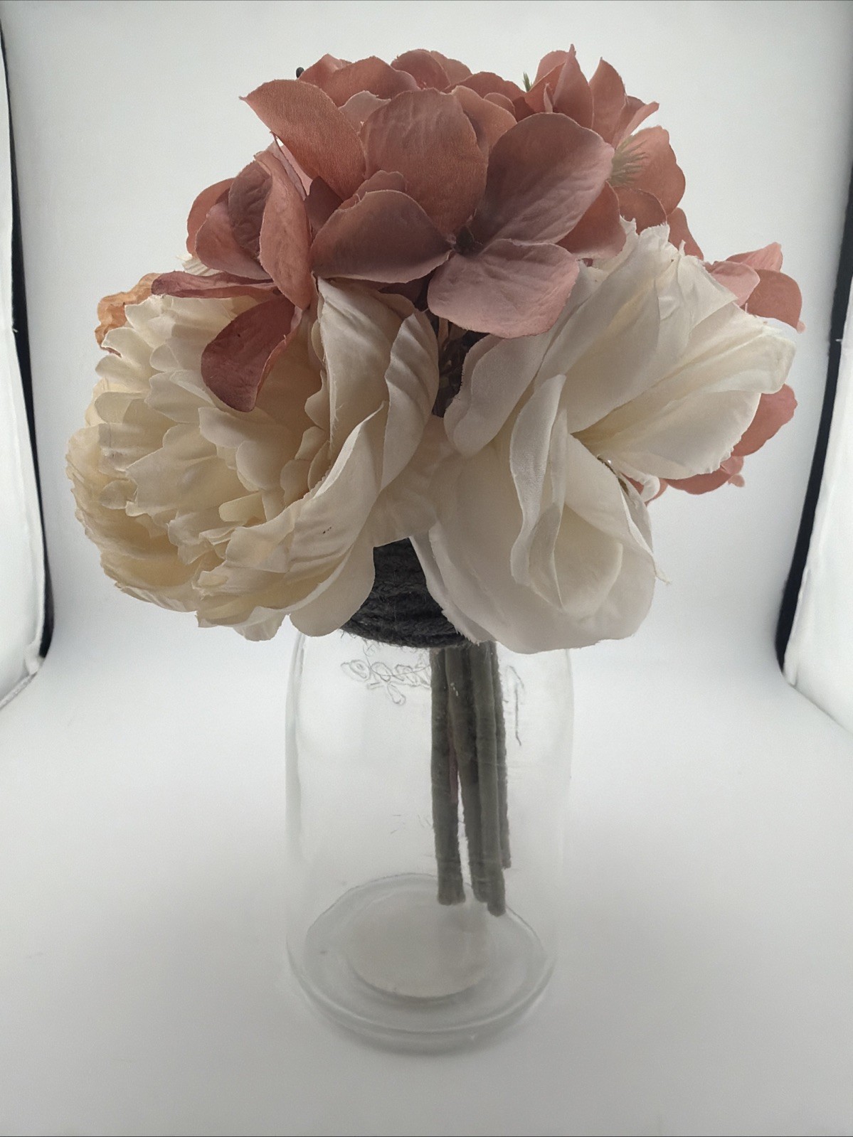Flower Arrangement Rose, Blush, Peach, Green Mason Jar Artificial 11” Glass