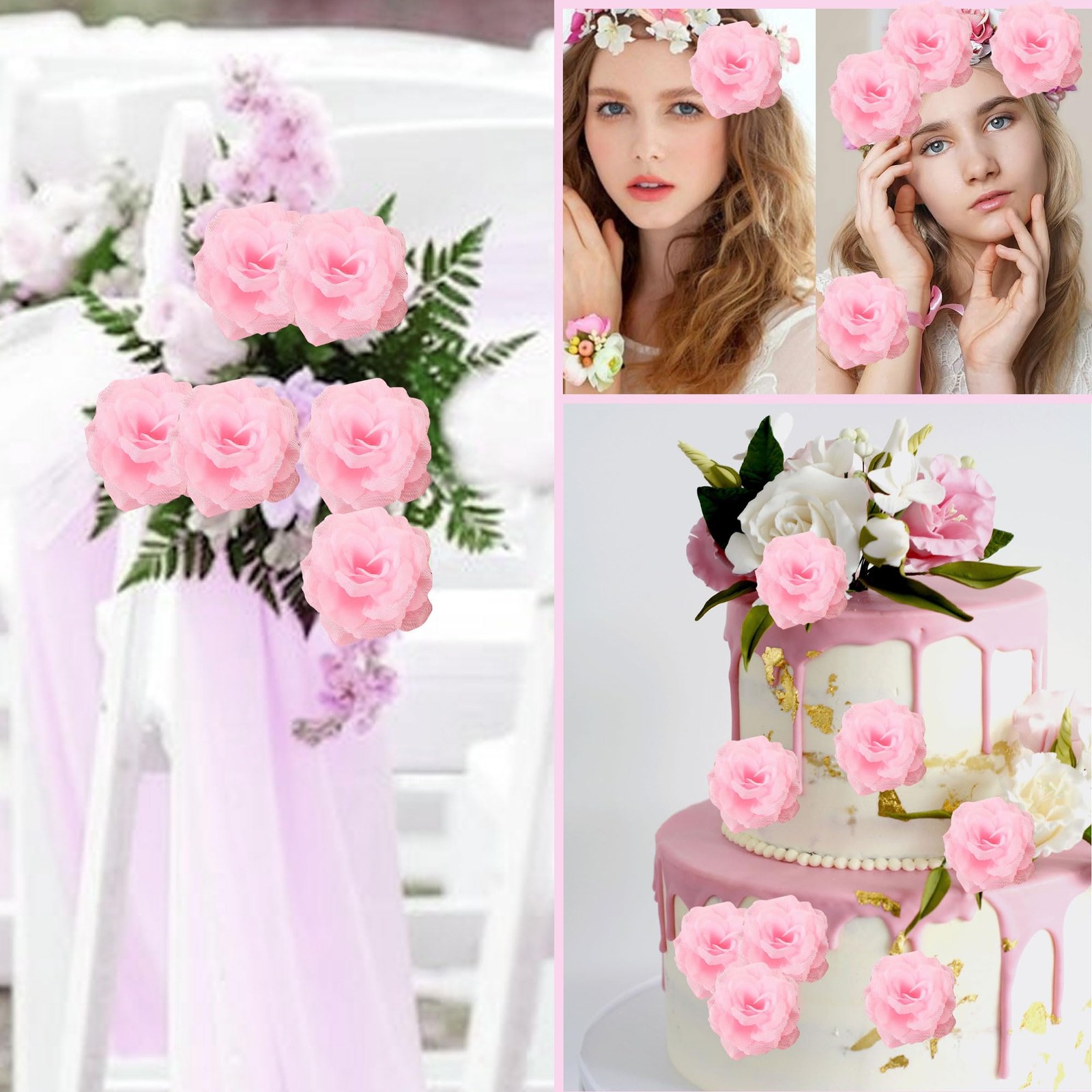 Large Pink Roses Artificial Flower Bulk 60 Pcs 3.2” Silk Fake Roses Flower H…
