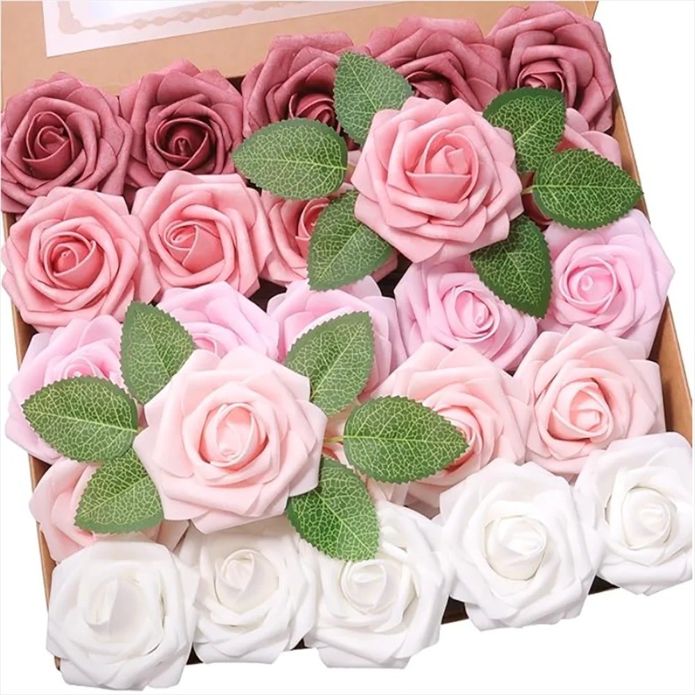25Pcs Artificial Flowers Fake Flowers Roses Stem for DIY Wedding Bouquets Party