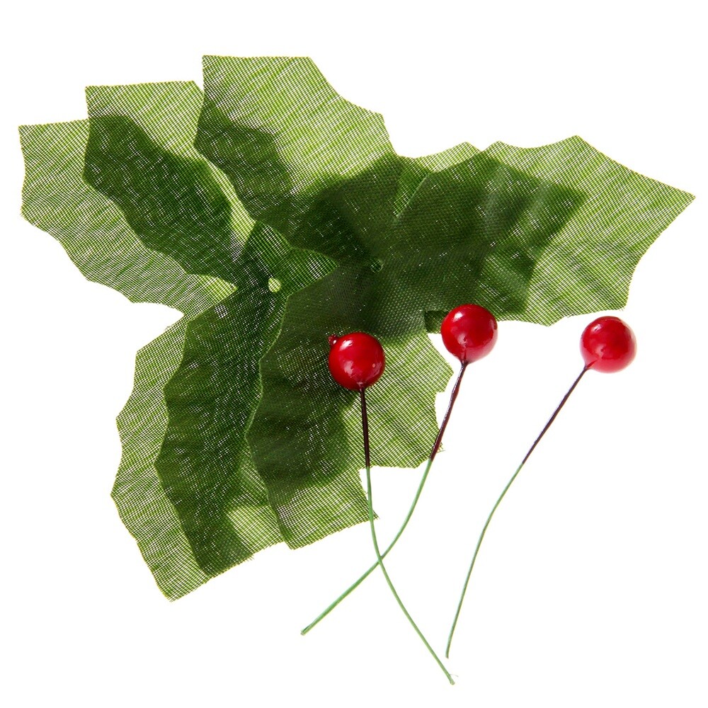 50pcs Dark Red Holly Berries + 50pcs Green Artifical Leaves 2 in 1 Home Decor